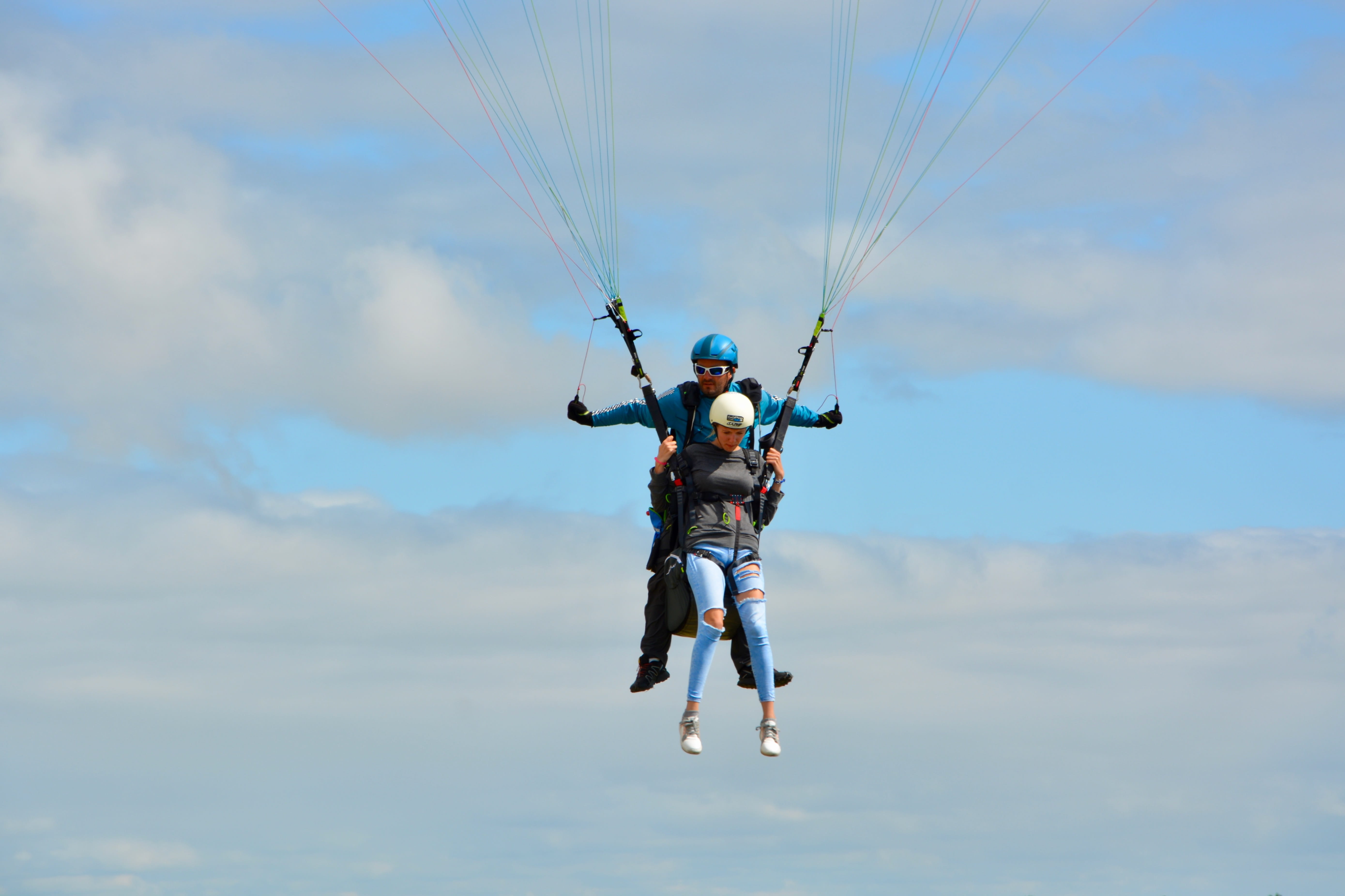 one person, flight, cloud - sky, parachute, 5K, exhilaration, real people, sky, sport, hobbies, men, height, safety harness, outdoors, paragliding, built the approach and landing, HD Wallpaper