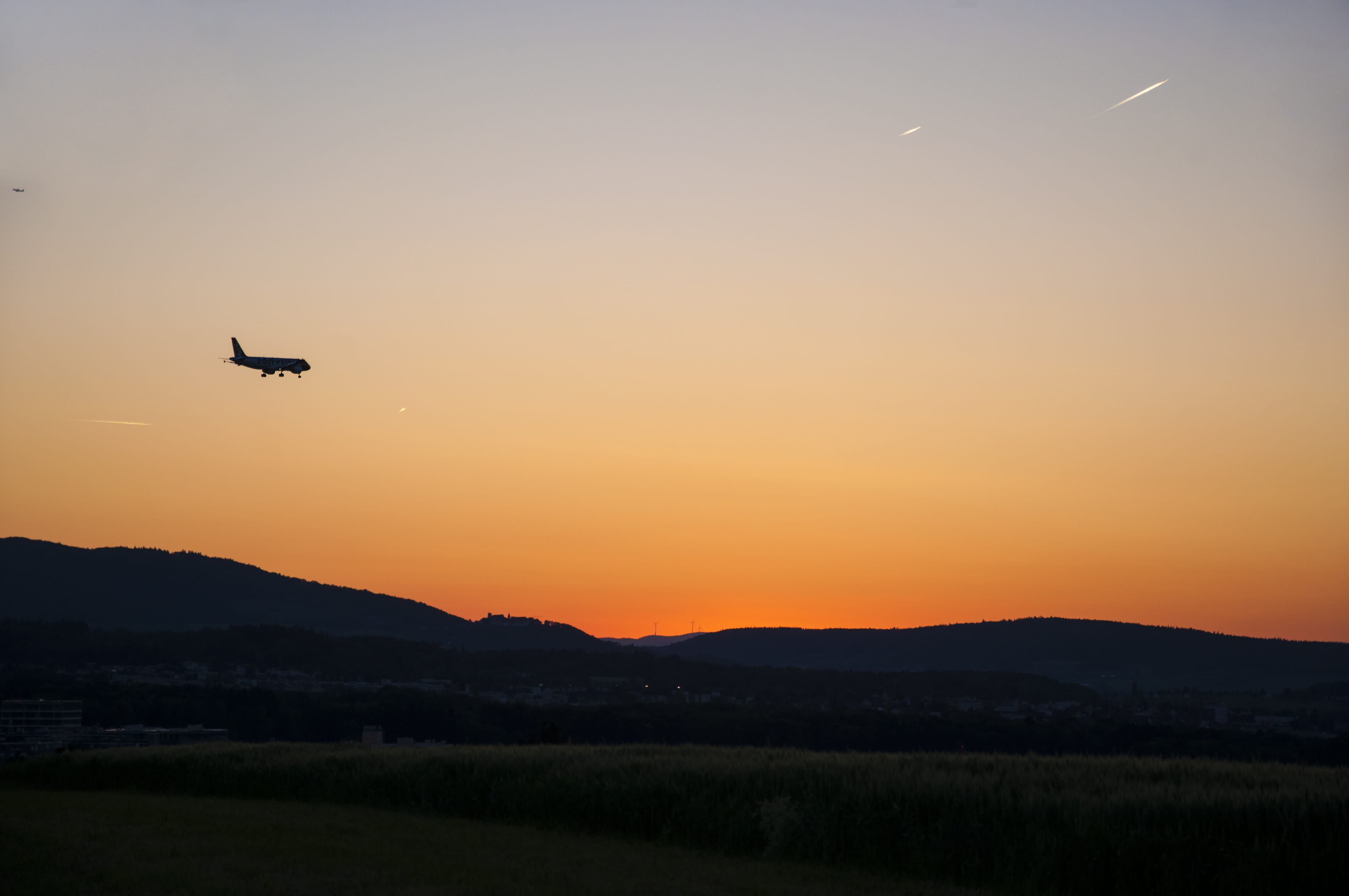 silhouette, aircraft, airflight, beauty in nature, tranquil scene, orange, environment, plane, mode of transportation, airplane, sky, transportation, flight, HD Wallpaper
