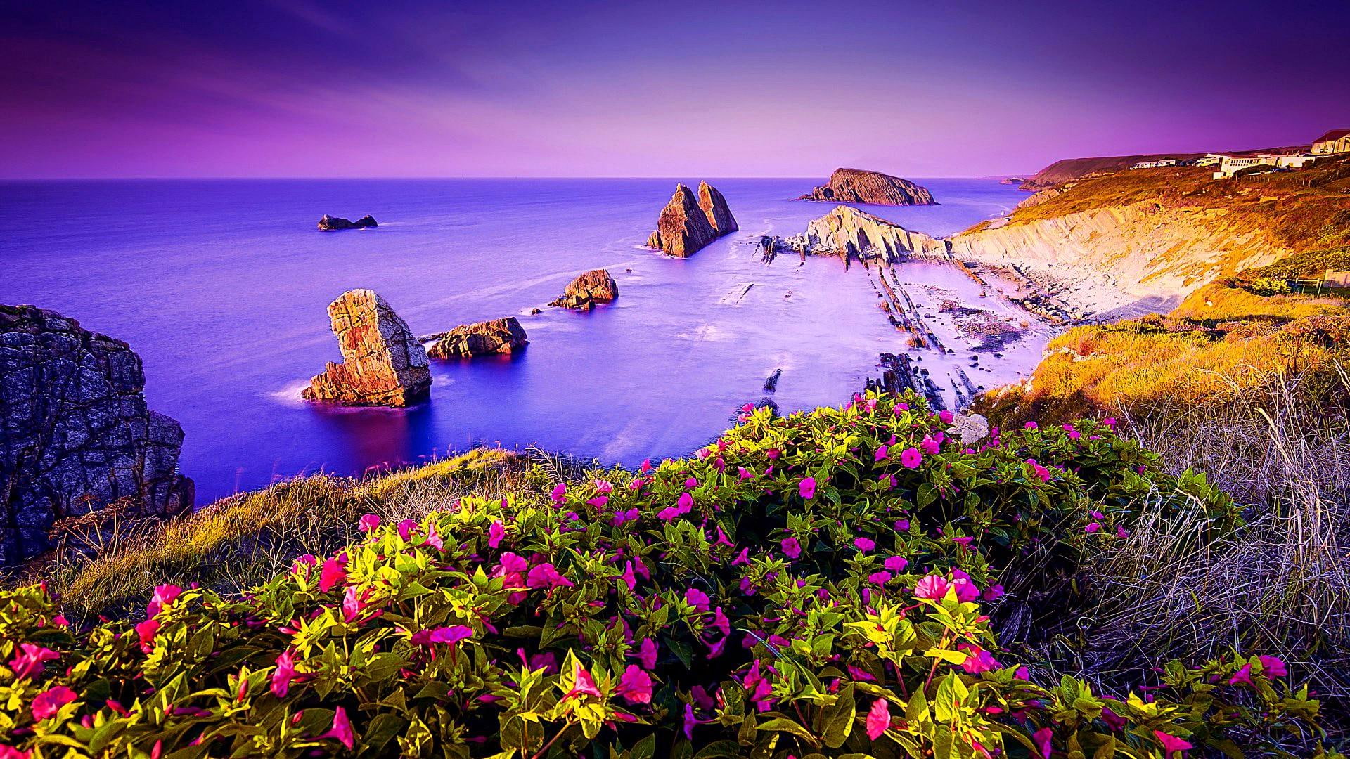 1080P, spain, cantabria, europe, costa quebrada, coast, purple sky, sky, HD Wallpaper