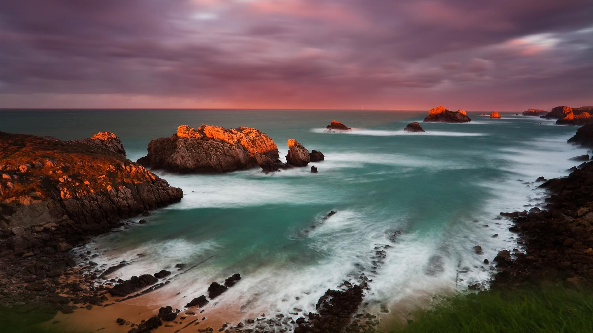 nature and landscapes, spain, coast, 1080P, rocks, sunset, clouds, fabulous, cantabria, HD Wallpaper
