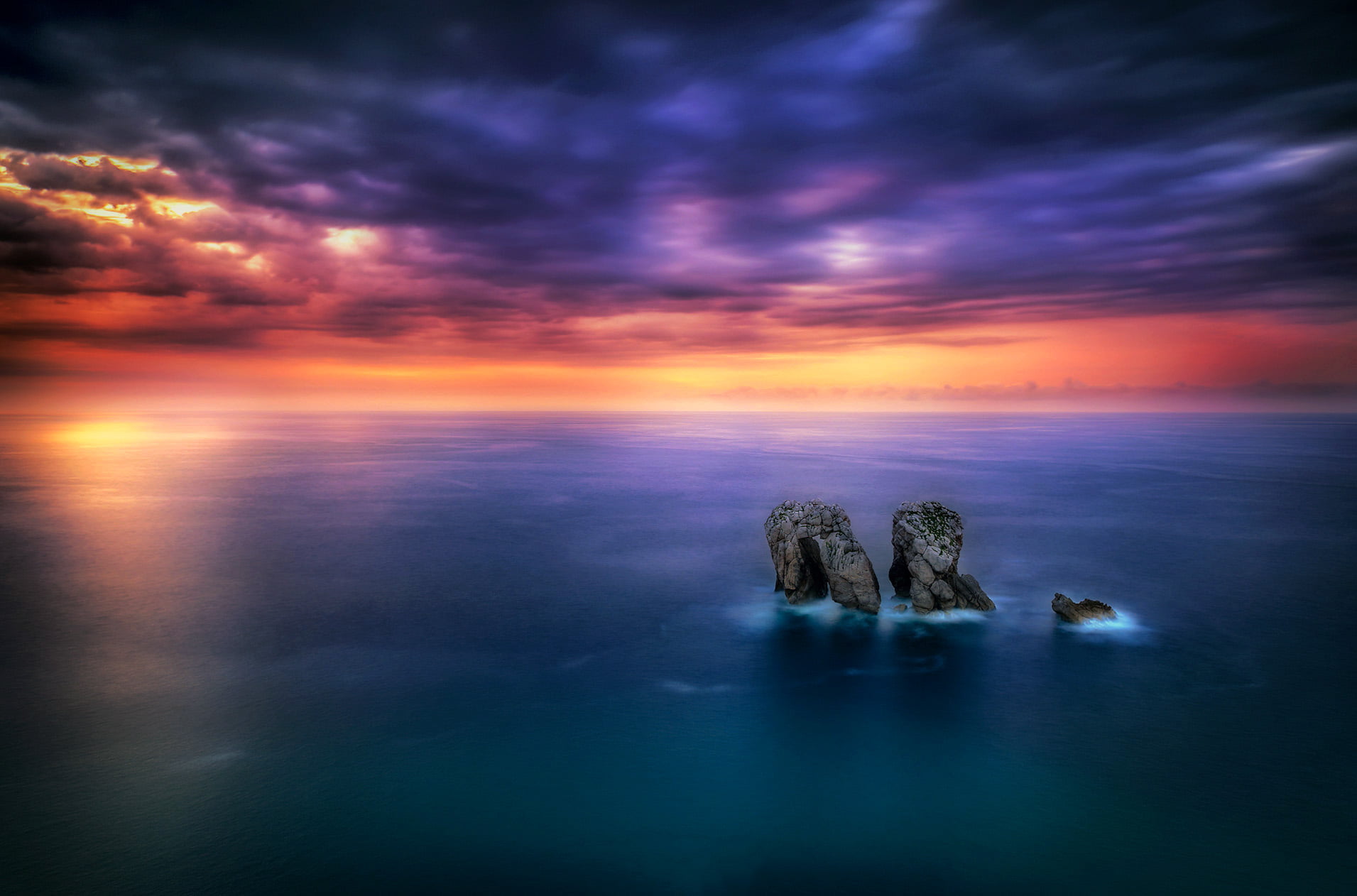 bravo, sunset, scenics, 720P, blue, cantabria, nature, amazing, seascape, dusk, en, body of water, landscape, scape, sky, beach, rock - Object, sea, body, HD Wallpaper