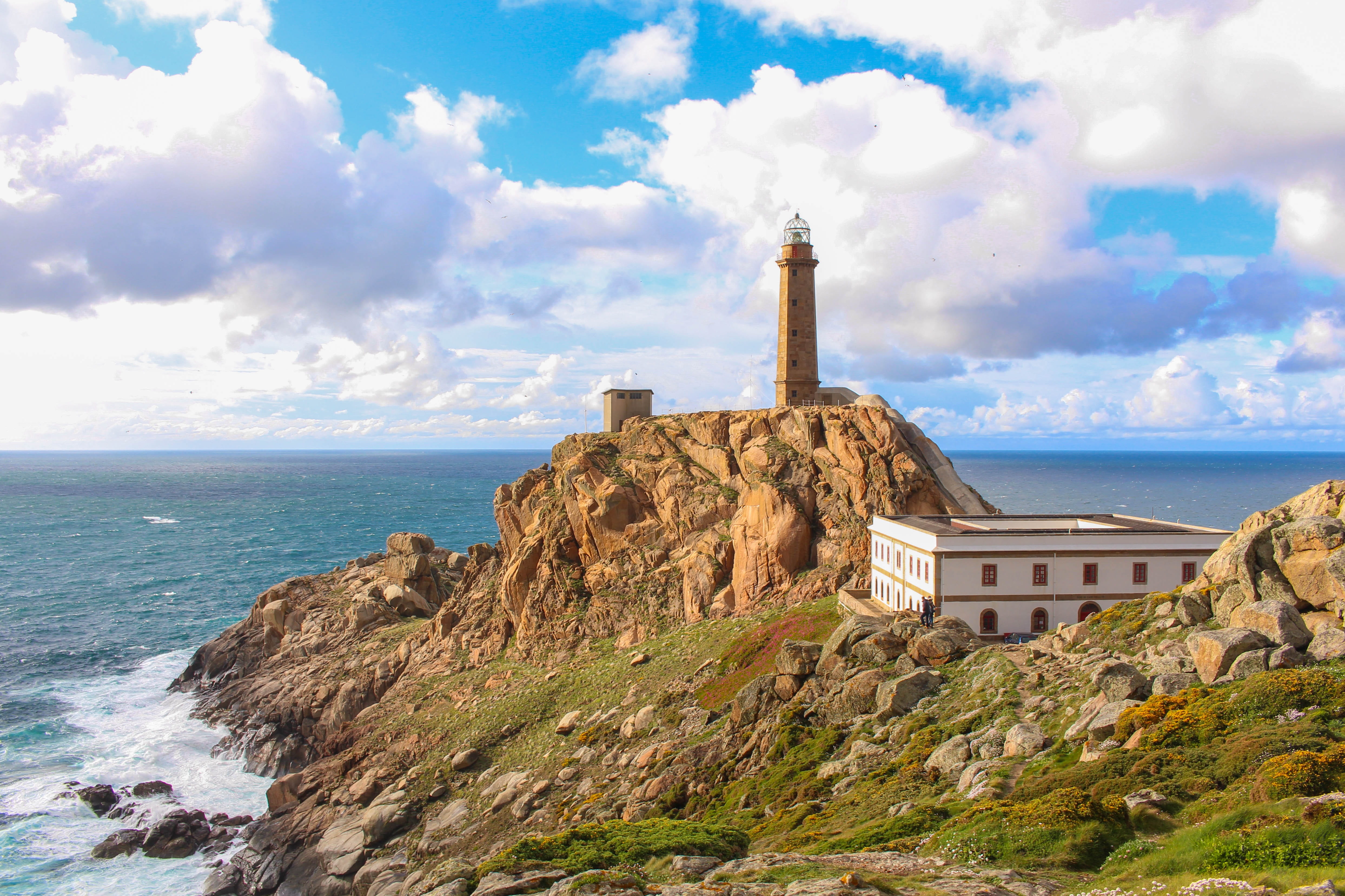 cloud - sky, day, cape, landscape, horizon, rock, no people, lighthouse, land, corunna, rock - object, built structure, guidance, 4K, costa da morte, galicia, HD Wallpaper