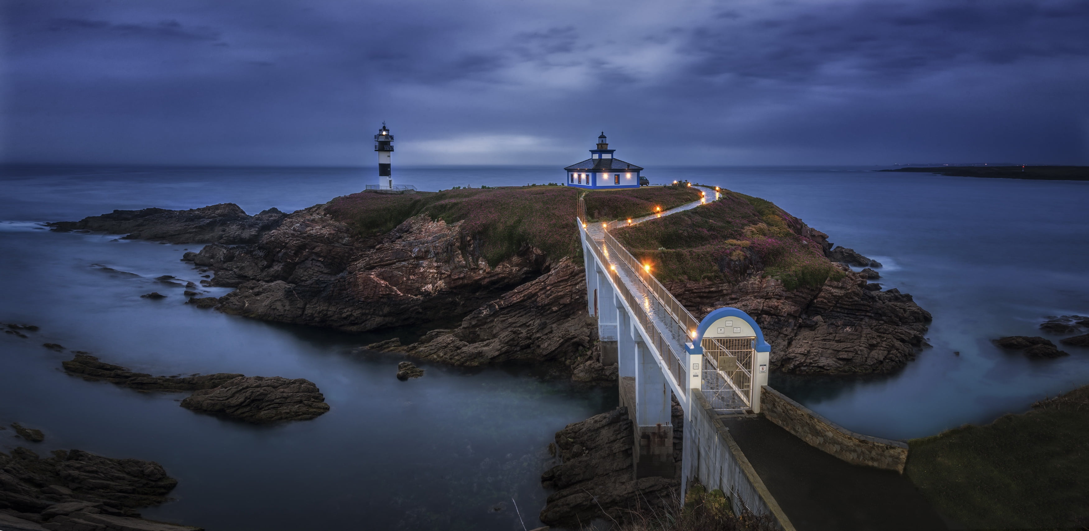 lighthouse, Galicia, sea, Isla Pancha, 2K, HD Wallpaper
