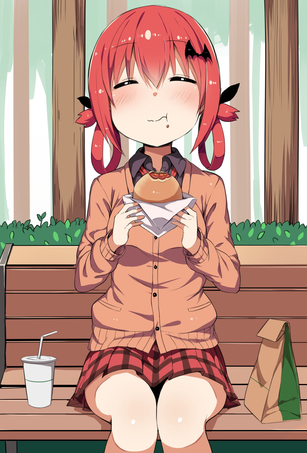 Satanichia McDowell Kurumizawa, smiling, indoors, sitting, anime girls, 720P, people, beautiful woman, cartoon, adult, women, clothing, food, lifestyles, Phone HD Wallpaper