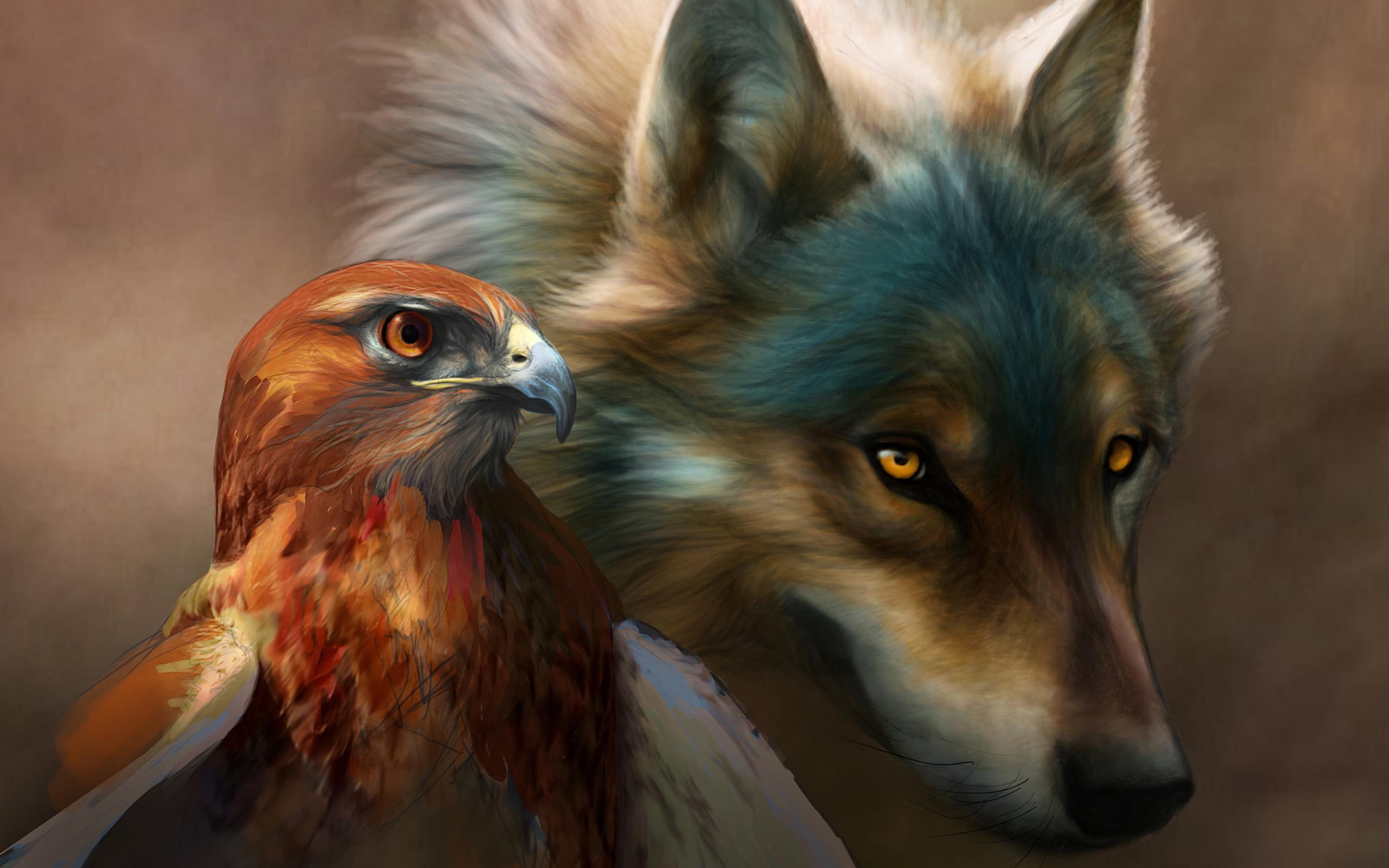 2K, painting, wolf, golden, brown, eagle, HD Wallpaper