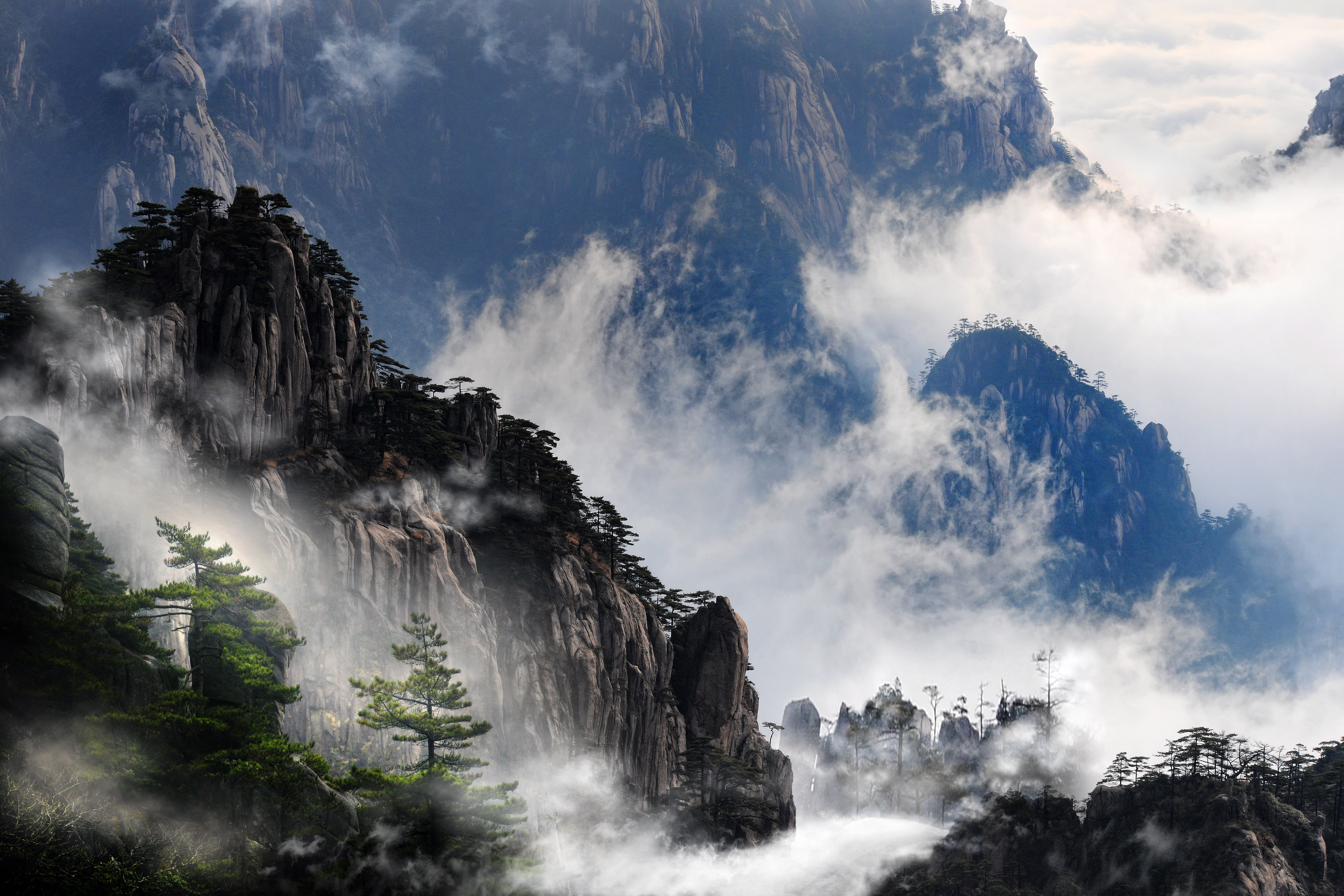 clouds, scenic, landscape, rock - object, cold, mist, mountain peak, rock formation, power in nature, beauty in nature, china, motion, rock, 5K, travel destinations, HD Wallpaper