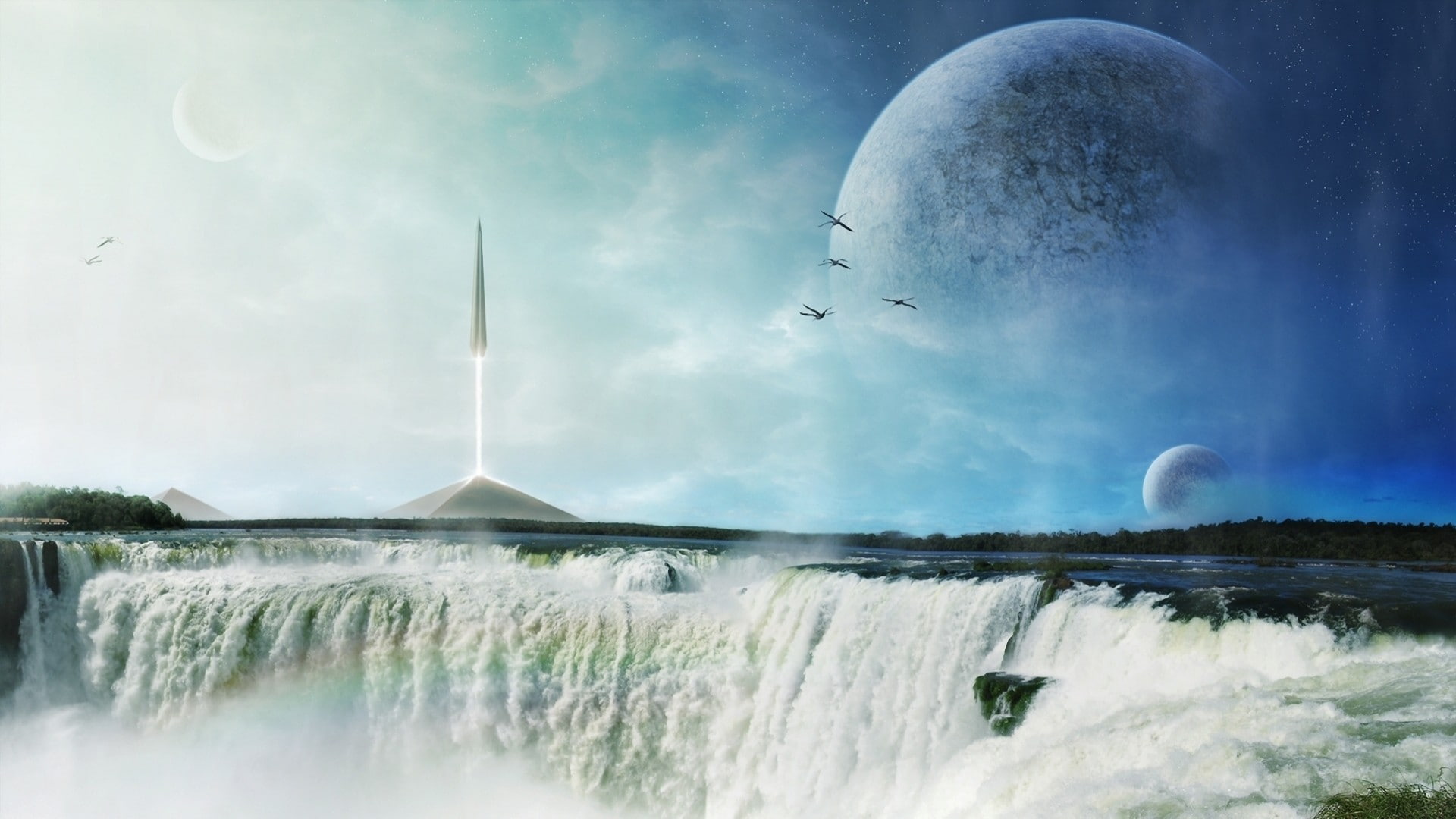 future, fantasy, 1080P, hd, rocket, takeoff, waterfall, planet, HD Wallpaper