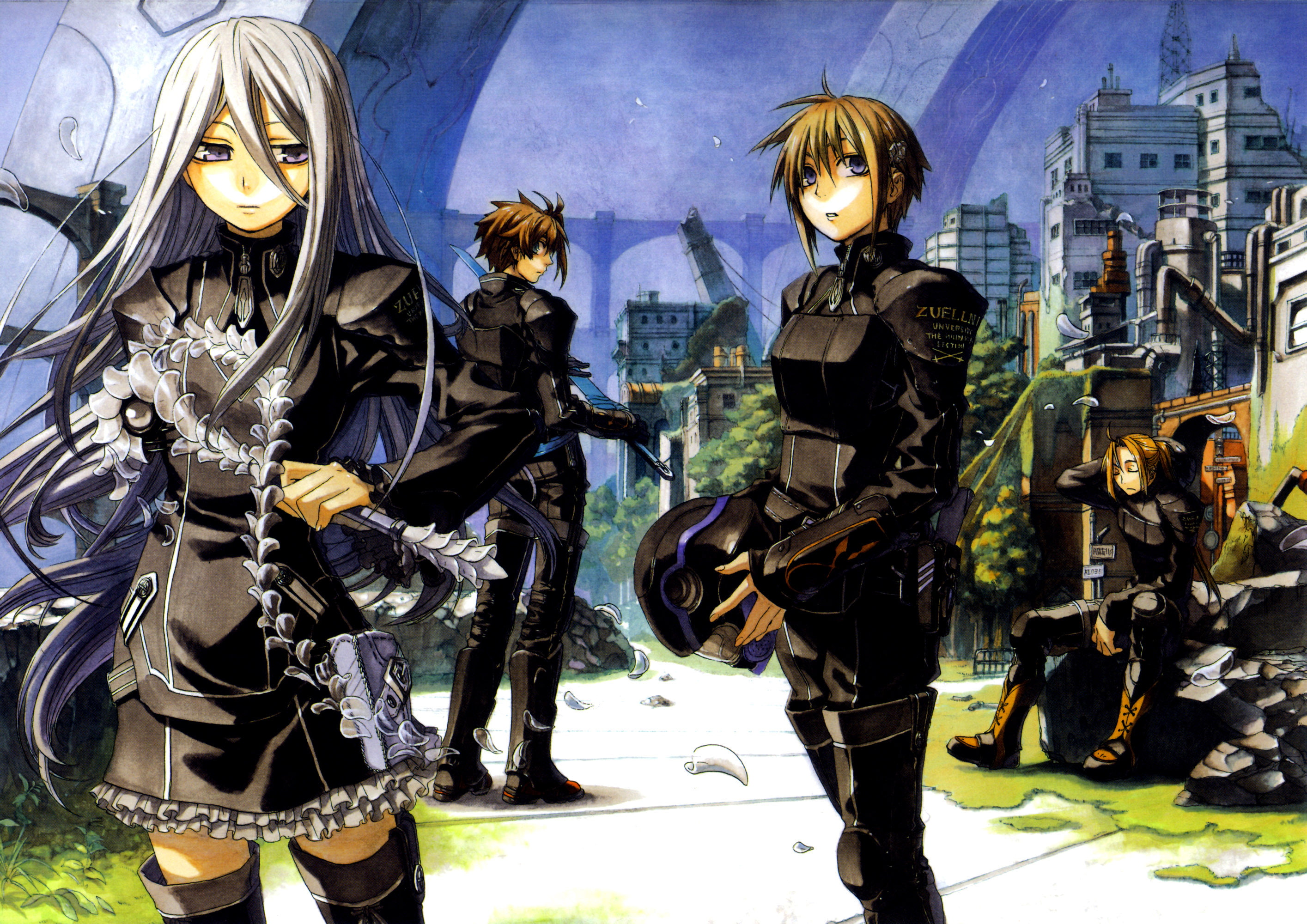 felli, elipton, nina, thighhighs, short, uniform, weapon, gray, loss, sword, antalk, alseif, 2K, layfon, long, hair, orange, brown, miyuu, sharnid, HD Wallpaper
