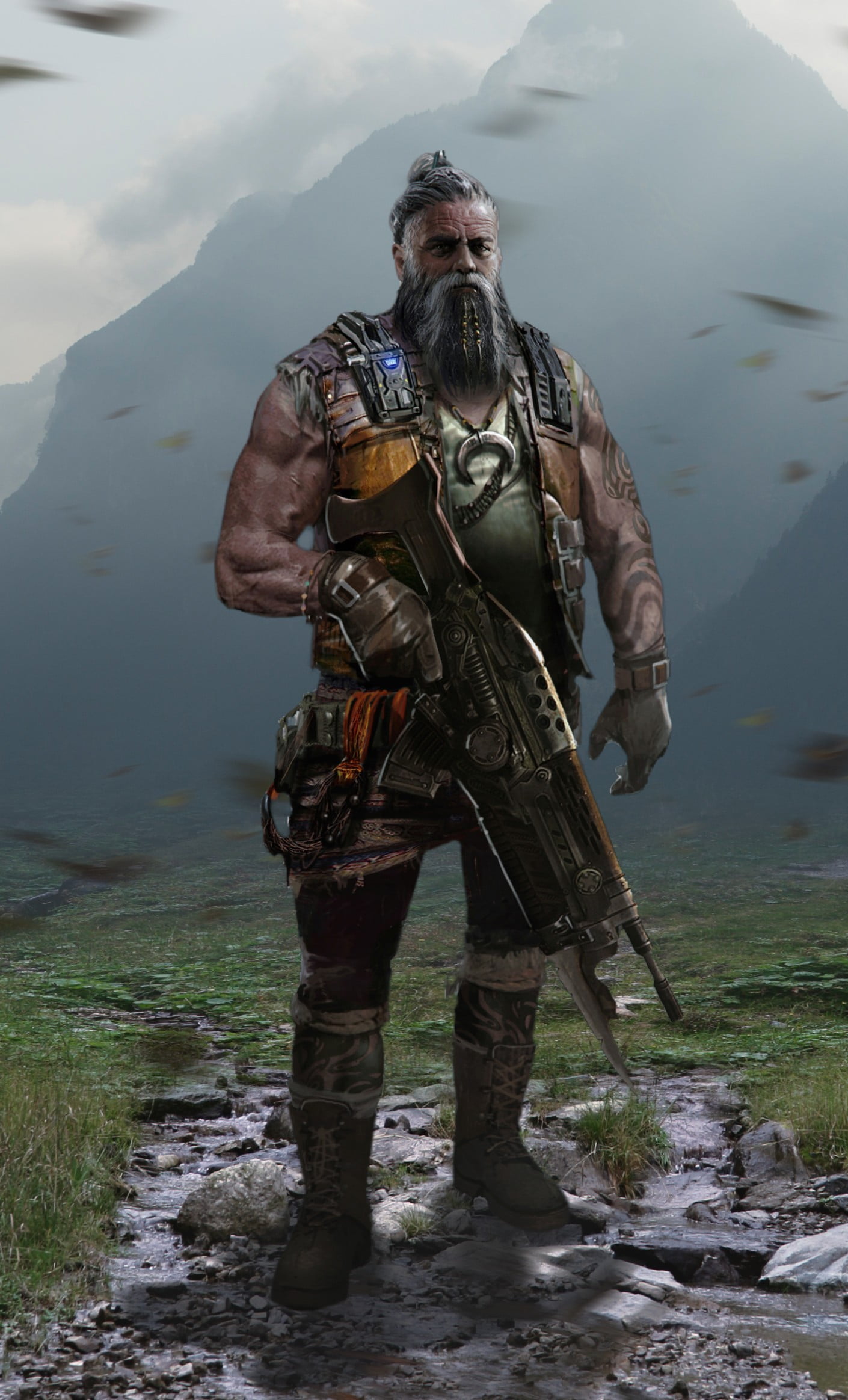 nature, front view, males, man, government, weapon, mud, holding, day, full length, Gears of War 4, standing, rifle, military, gun, mountain, water, mature men, Phone HD Wallpaper