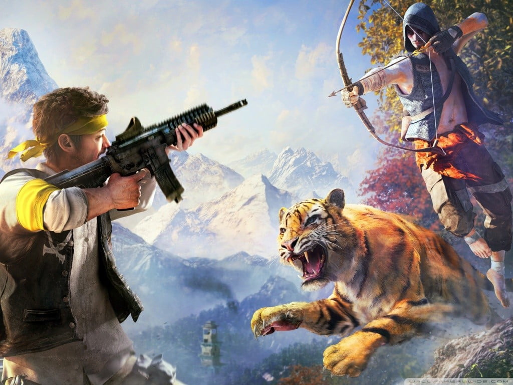 mouth open, sport, one animal, pets, hunter, people, rifle, holding, hunting, Far Cry 4, digital, 480P, aiming, men, group of people, day, animal wildlife, HD Wallpaper
