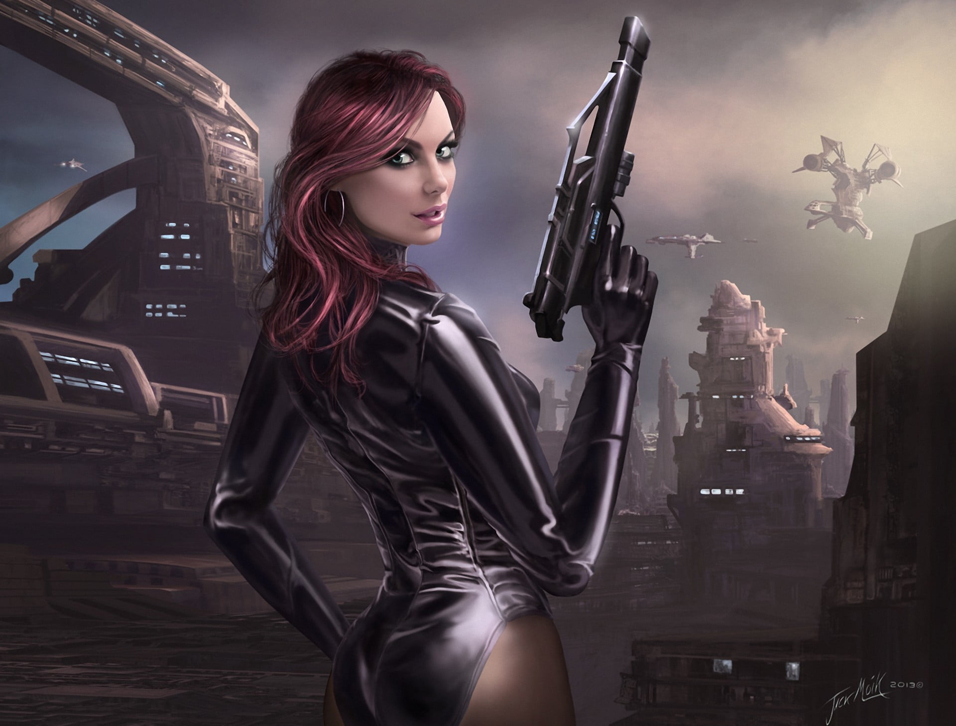 beautiful people, beautiful woman, weapons, gun, redhead, looking at camera, hairstyle, character, indoors, adult, clothing, women, beauty, ships, one person, HD Wallpaper