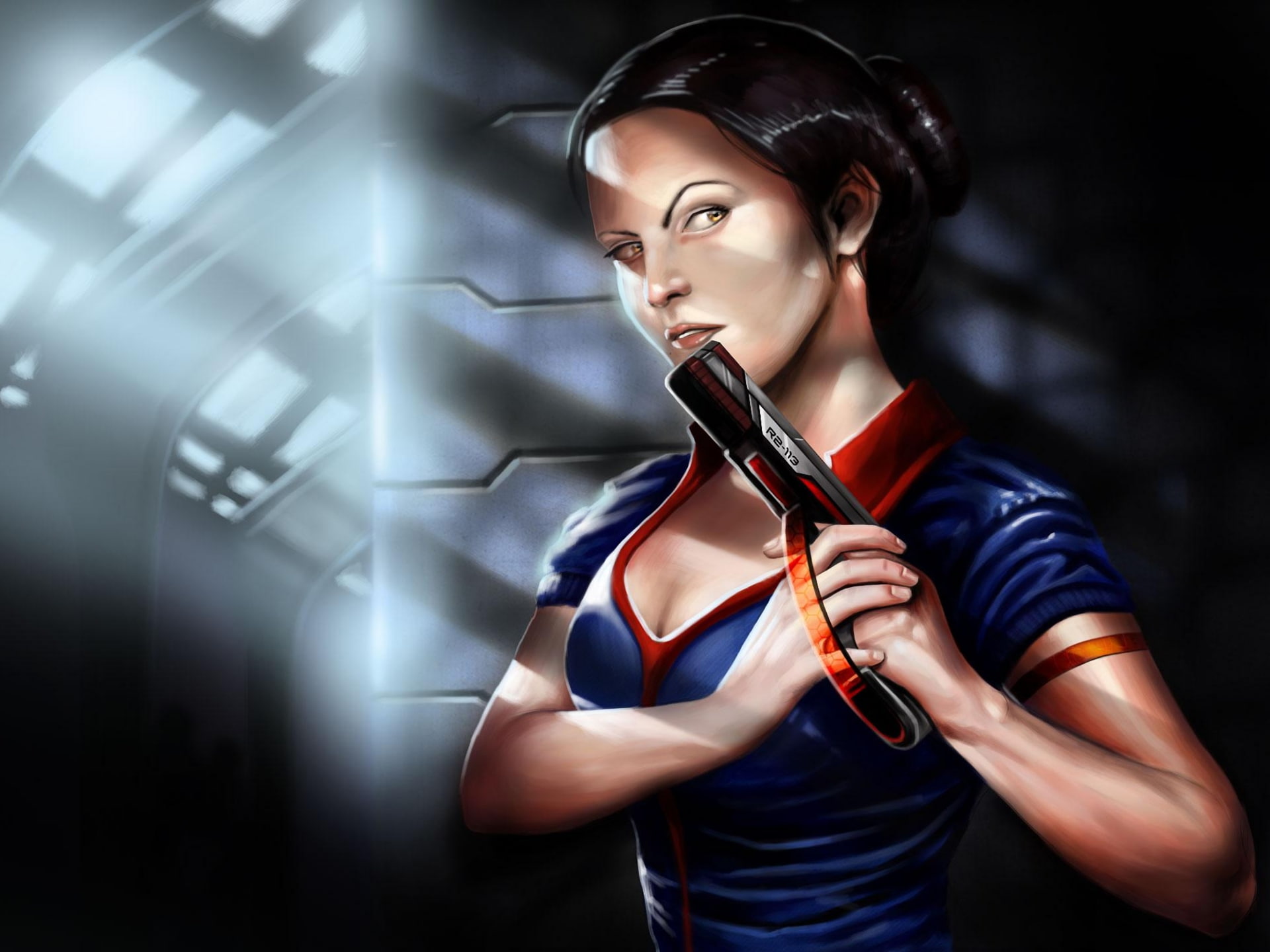 art, weapons, holding, woman, angle, girl, gun, light, 1080P, HD Wallpaper