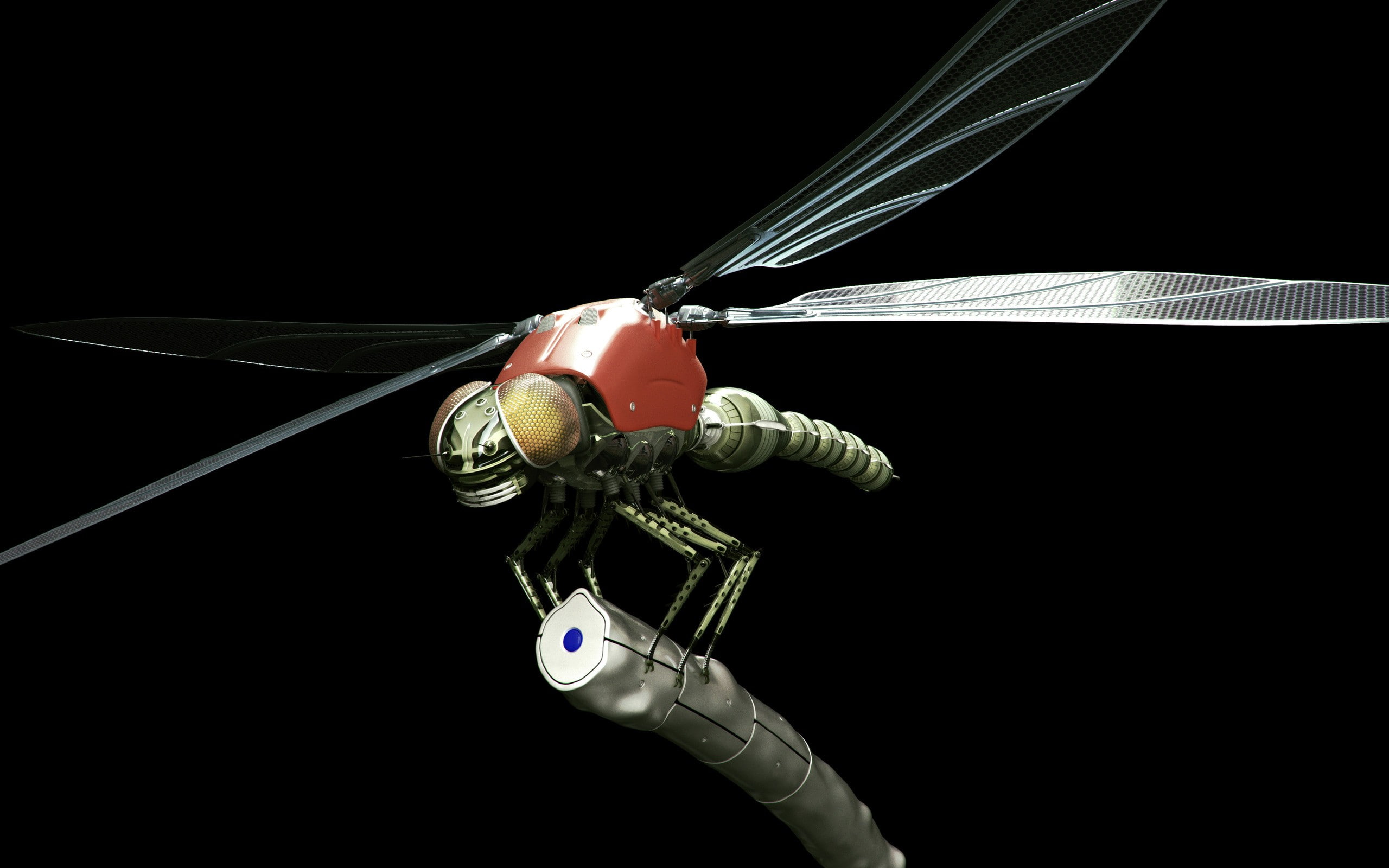 metal, silver colored, nature, dragonflies, render, still life, illuminated, electricity, night, black background, robot, lighting equipment, indoors, no people, HD Wallpaper