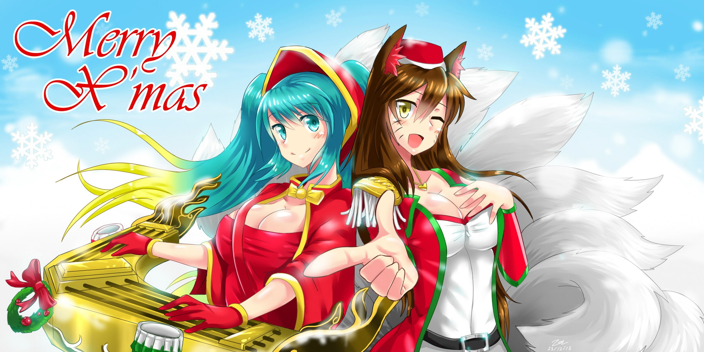 costume, musical instrument, two people, red, multi colored, text, clothing, communication, video games, Sona (League of Legends), sky, looking at camera, HD Wallpaper