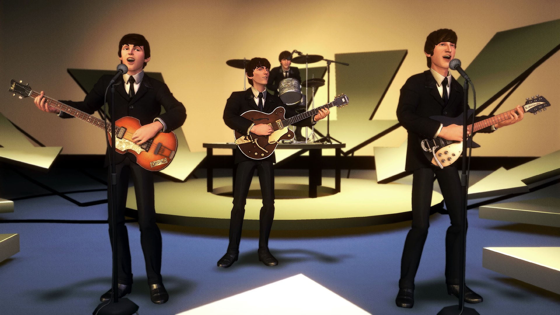 stage, The Beatles, indoors, boy, full length, 1080P, singing, adult, music, men, performance, young men, artist, illustration, musical instrument, rock music, HD Wallpaper