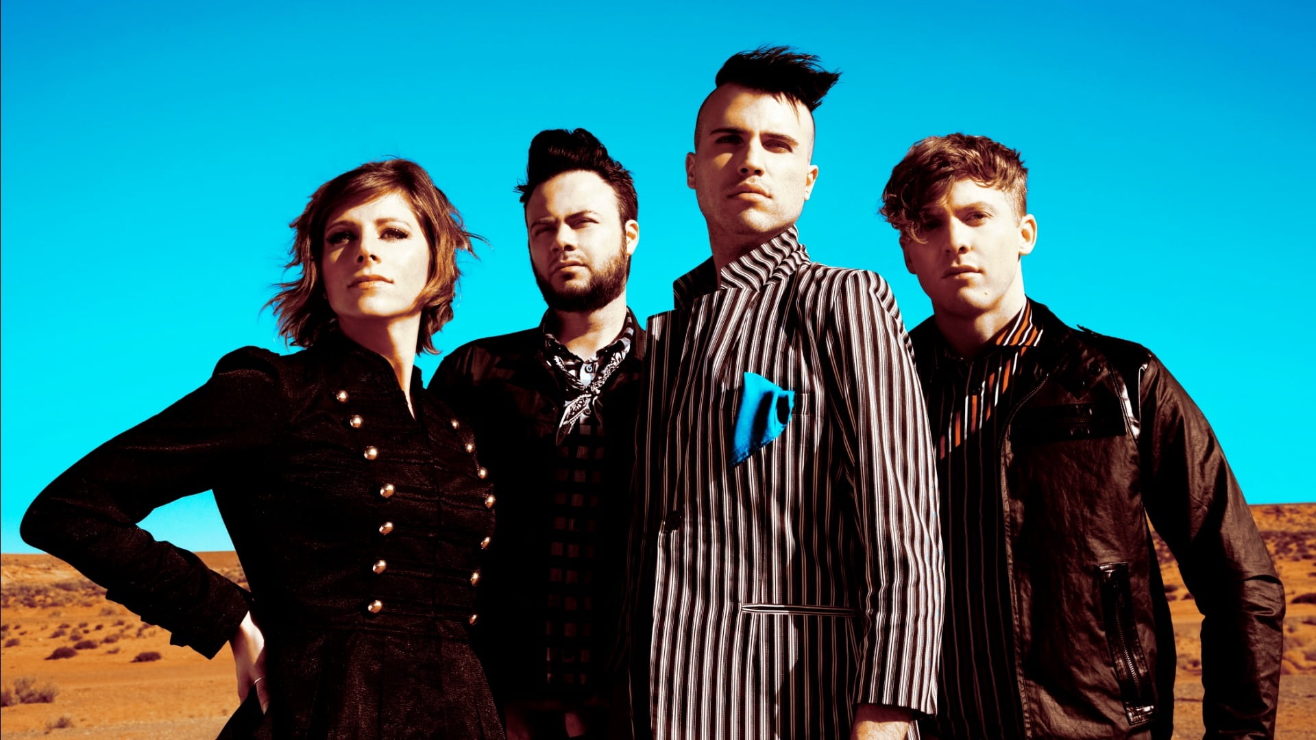young adult, haircuts, bonding, four, lifestyles, blue background, waist up, sky, girl, neon trees, men, front view, band, 1080P, nature, members, HD Wallpaper