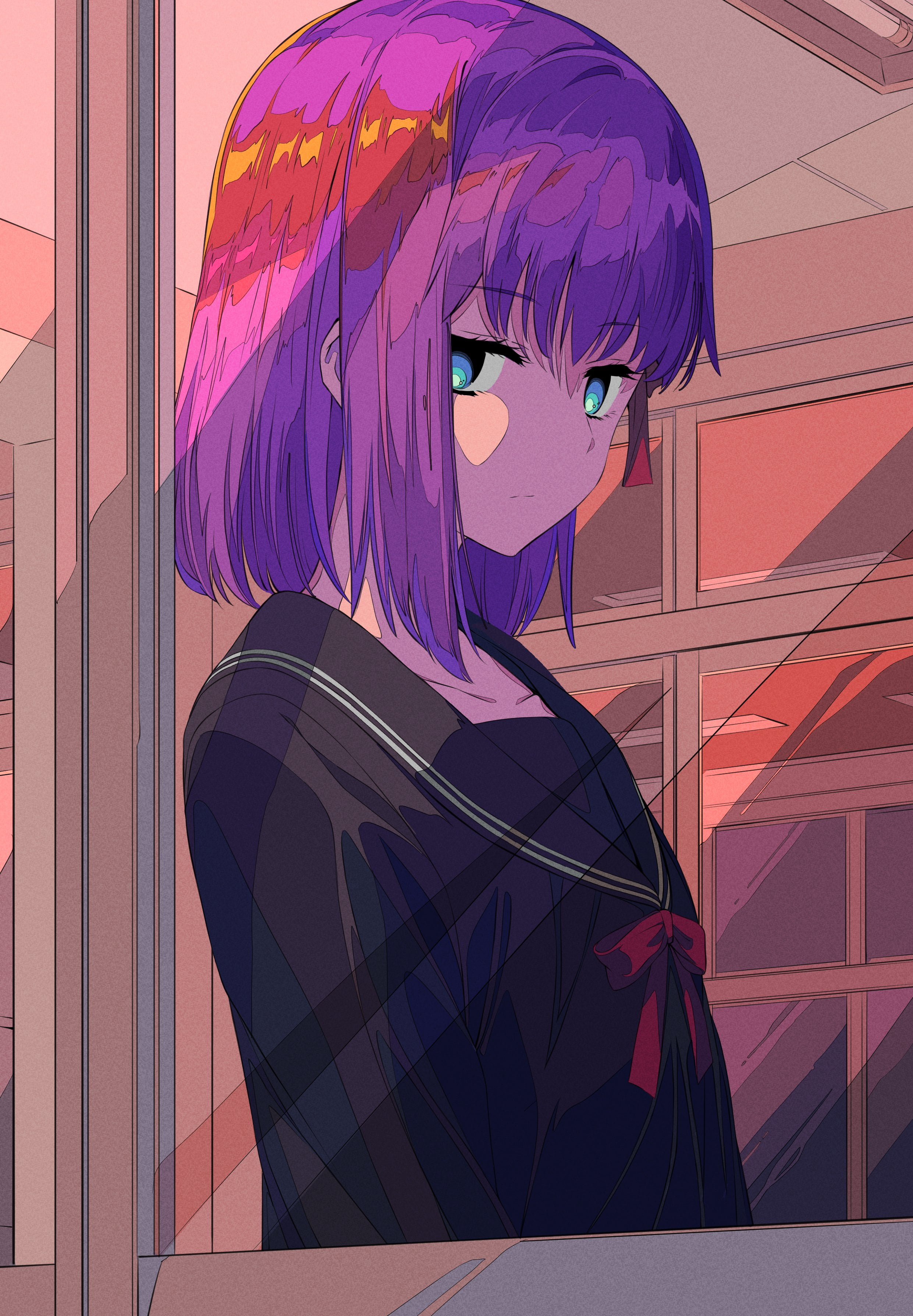 anime, school uniform, shoulder length hair, 2D, JK, fate/stay night: heavens feel, 2K, looking out window, fan art, Fate Series, solo, artwork, blue eyes, Phone HD Wallpaper