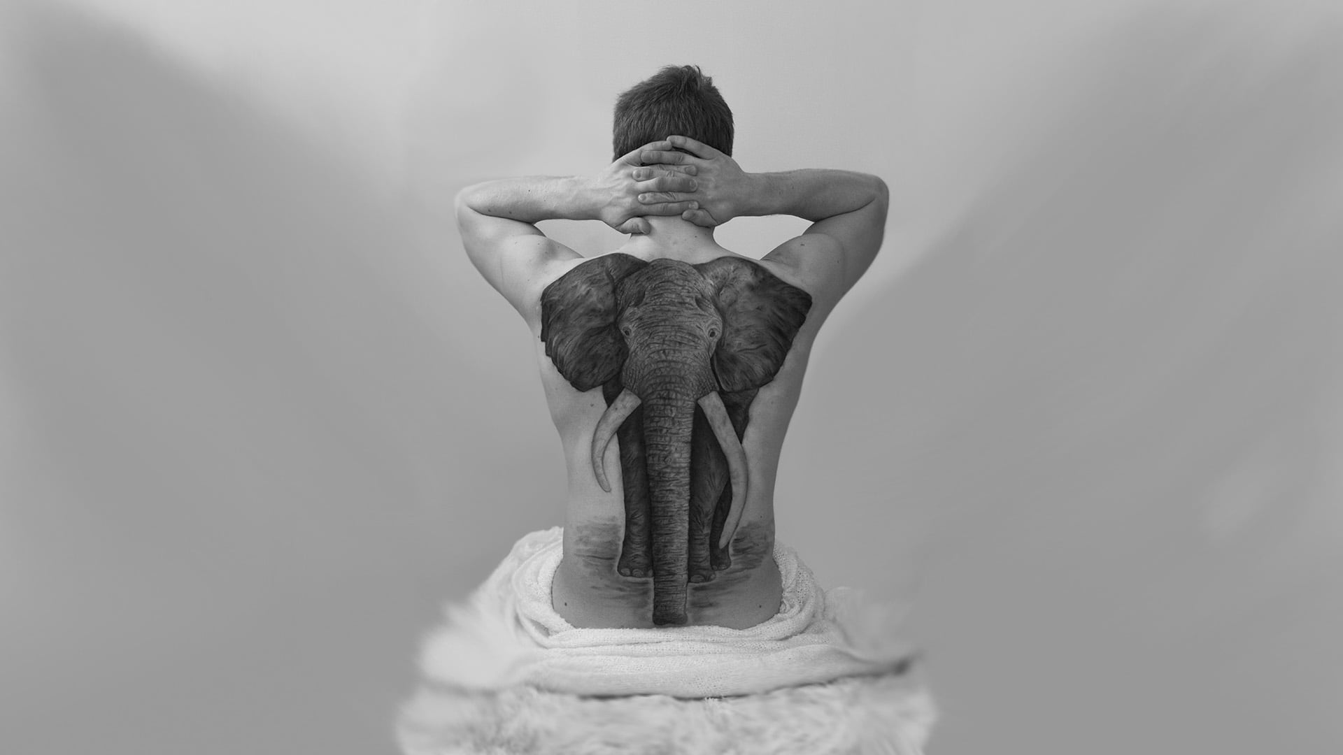 obscured face, gray background, waist up, lifestyles, standing, shirtless, adult, men, young men, creativity, back, digital composite, young adult, rear view, HD Wallpaper