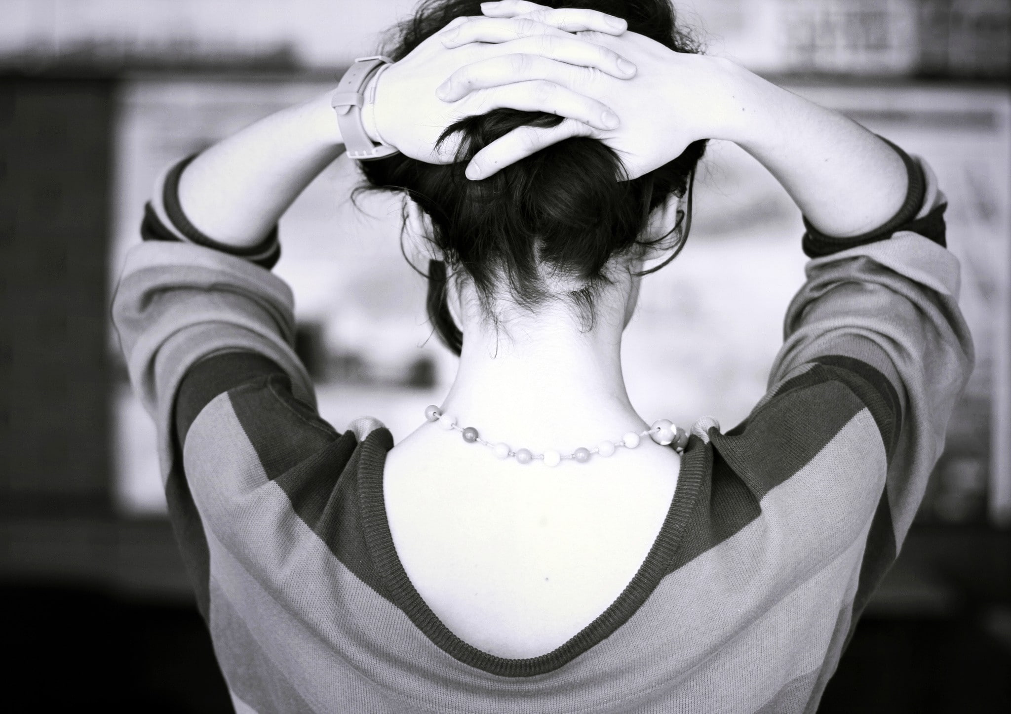 sweater, monochrome, necklace, back, women, hands on head, 1080P, HD Wallpaper