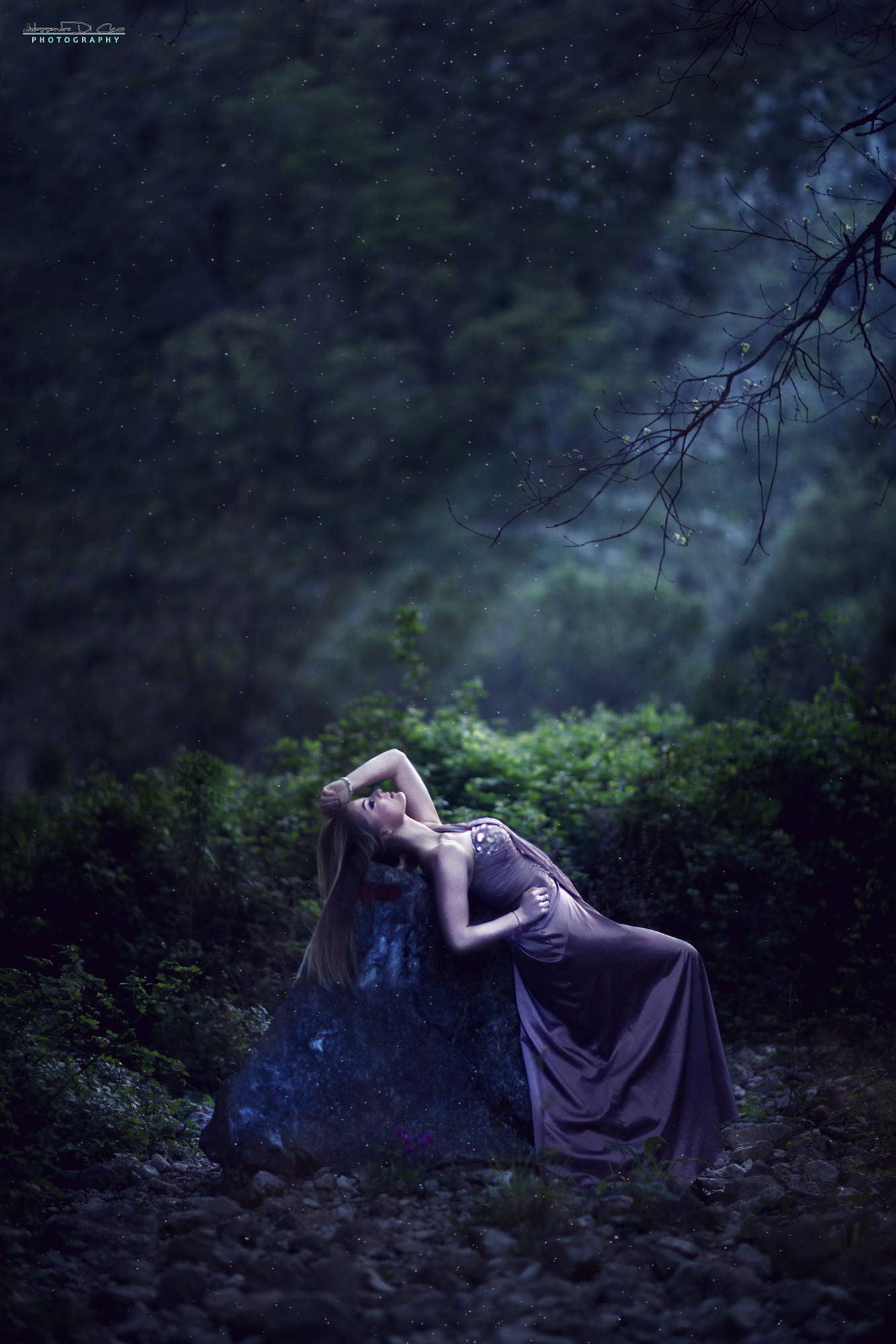 night, brunette, arched back, long hair, moonlight, 1080P, forest, dress, green, rocks, hand on head, purple clothing, straight hair, Alessandro Di Cicco, Phone HD Wallpaper