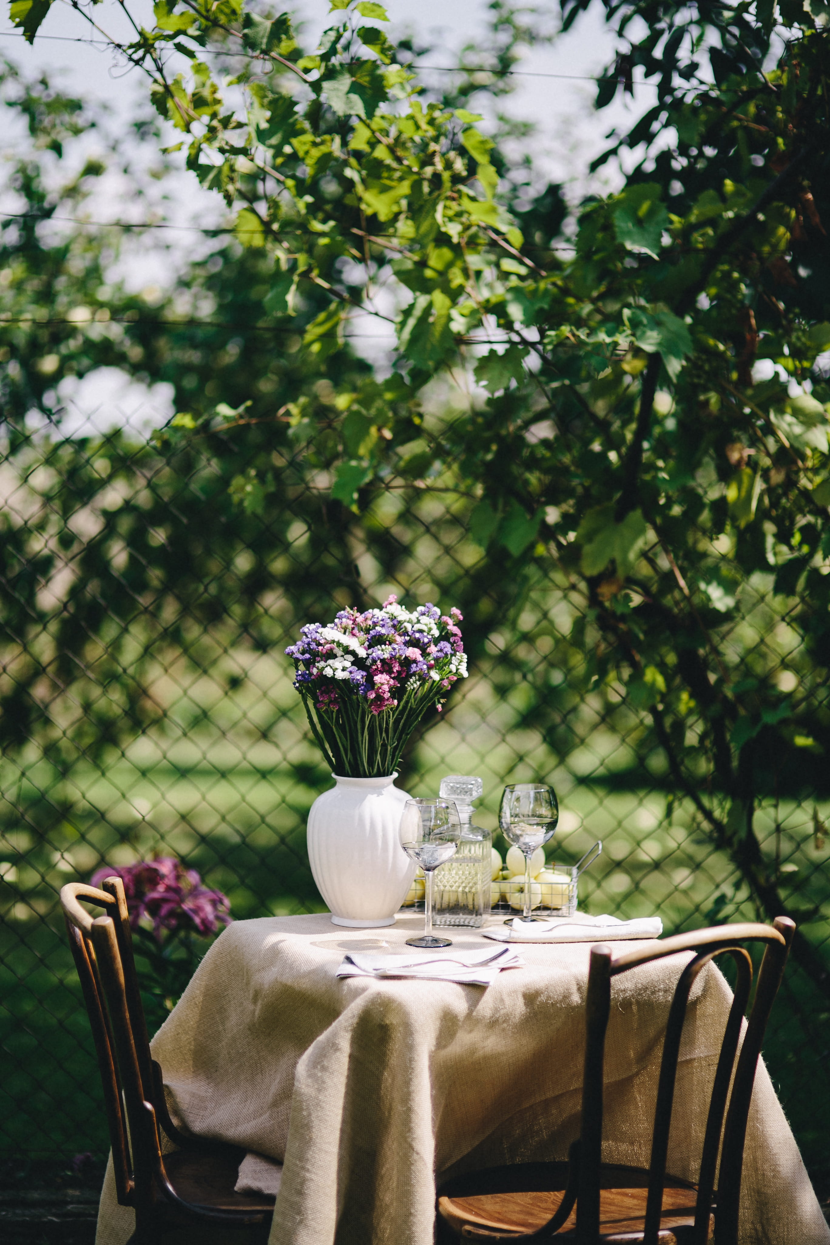 table, tablecloth, day, garden, setting, nature, romance, tableware, glass, health, growth, 4K, outdoors, vase, rest, relax, beauty in nature, Healthy, Phone HD Wallpaper