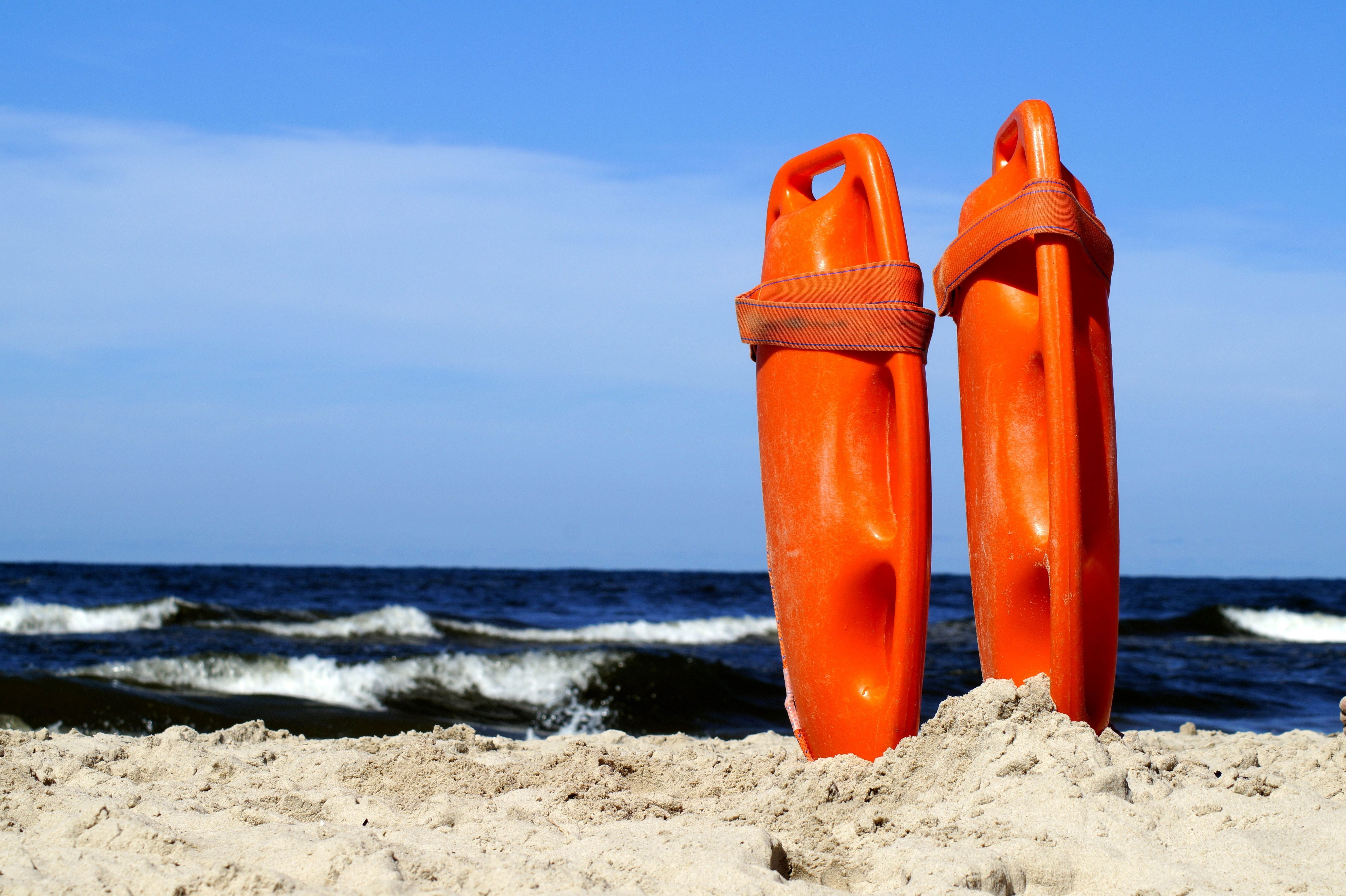 sea, beach, 5K, orange color, lifeguard on duty, no people, motion, buoys, day, guard, outdoors, summer, background, beauty in nature, vacations, safety, HD Wallpaper