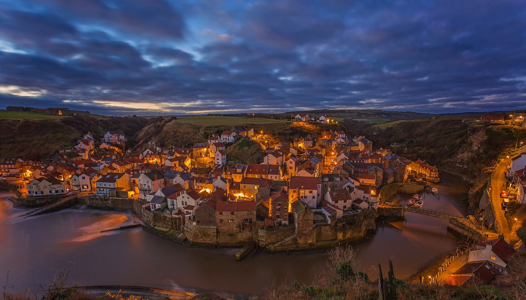river, panorama, Staithes, village, Roxby Beck River, home, North Yorkshire, States, building, 1080P, River Roxby Beck, town, England, HD Wallpaper