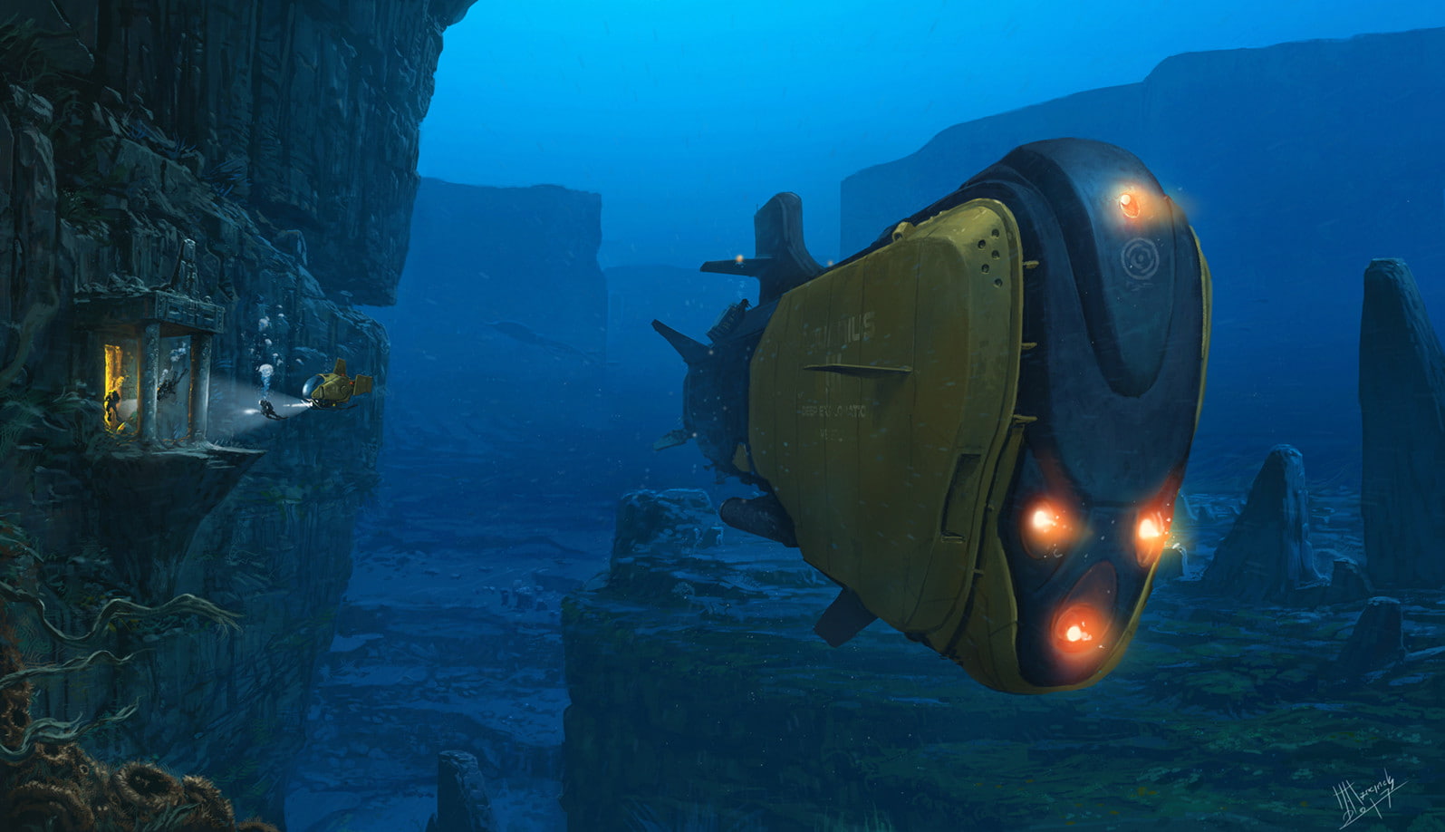submarine, 720P, vehicle, artwork, underwater, digital art, HD Wallpaper