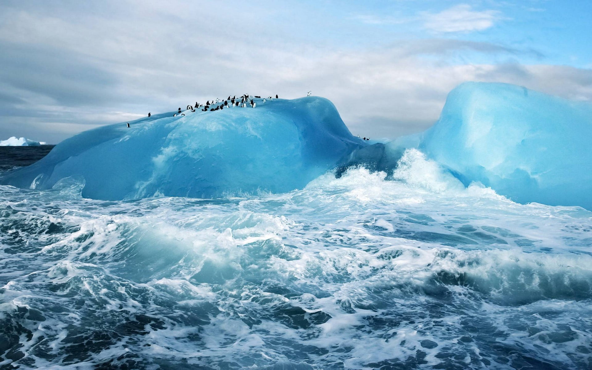 1080P, sea, glacier, ice berg, frozen, wave, sky, waves, water, nature, environment, cloud - sky, landscape, outdoors, winter, lagoon, ice, power in nature, HD Wallpaper