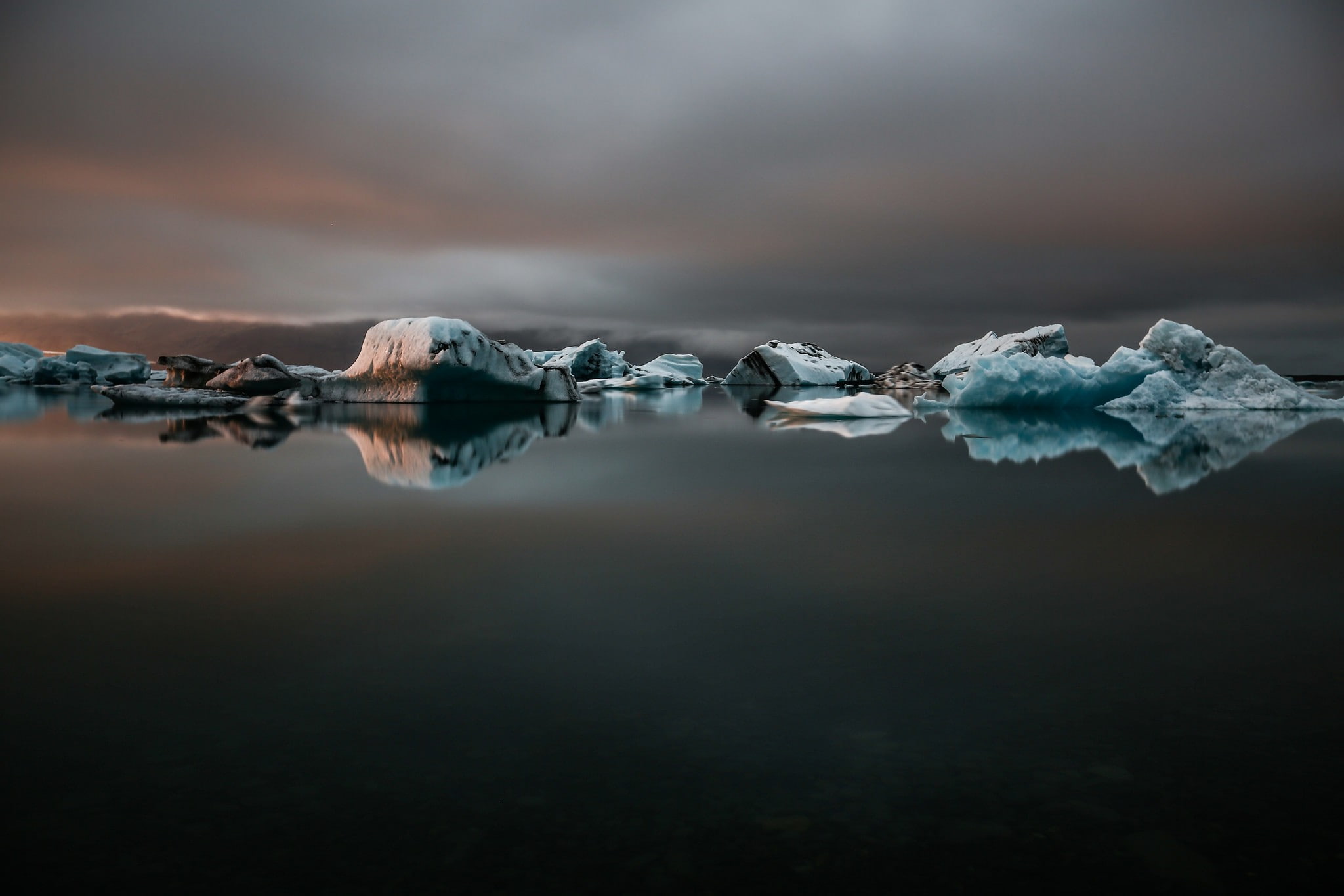 water, beauty in nature, sunset, lake, no people, frozen, reflection, iceberg, snow, landscape, tranquility, Iceland, nature, cloud - sky, cold temperature, HD Wallpaper