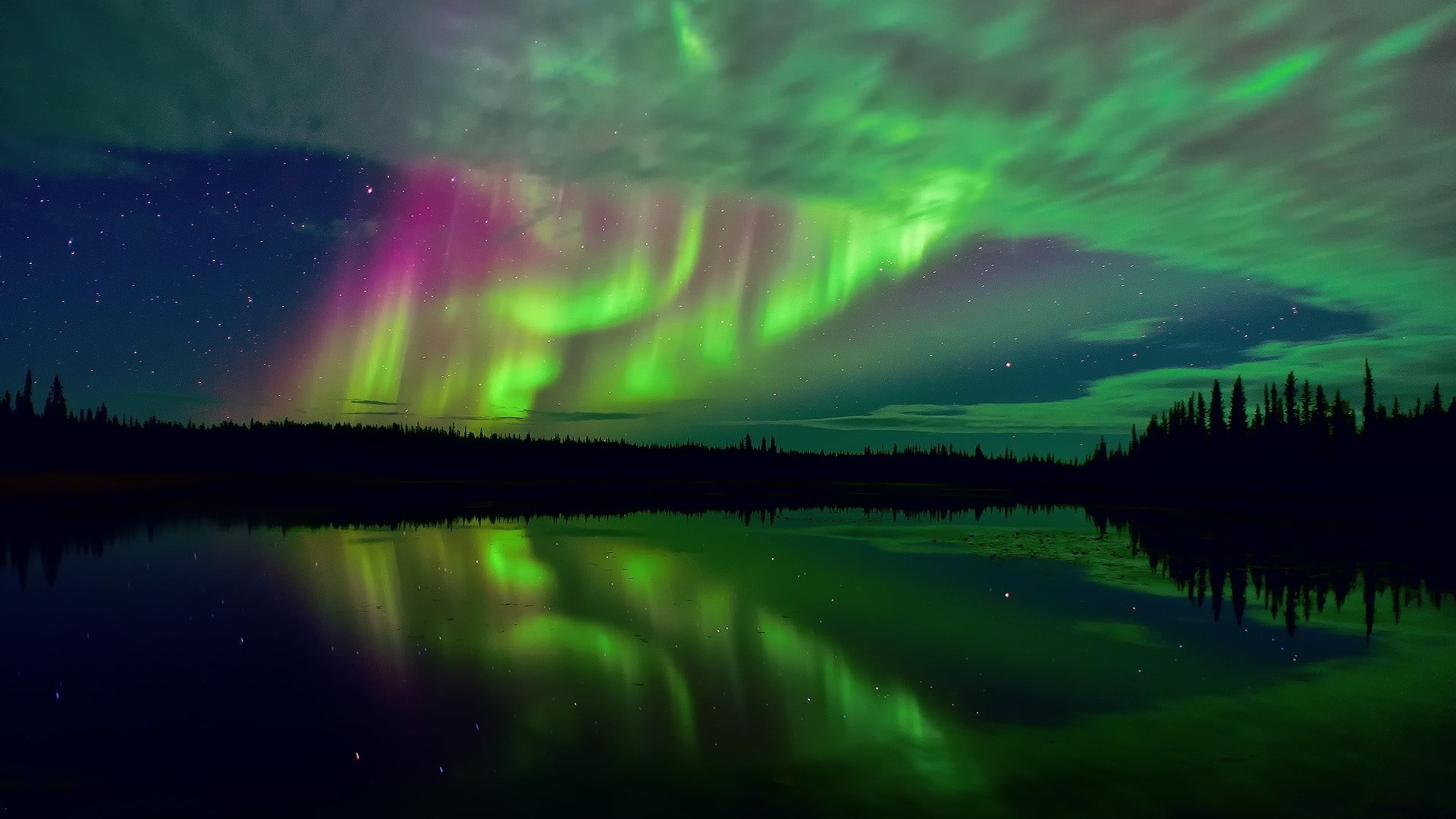 landscape, water, space, dramatic sky, lake, tranquil scene, borealis, beauty in nature, green color, star - space, tranquility, cloud - sky, scenics - nature, HD Wallpaper