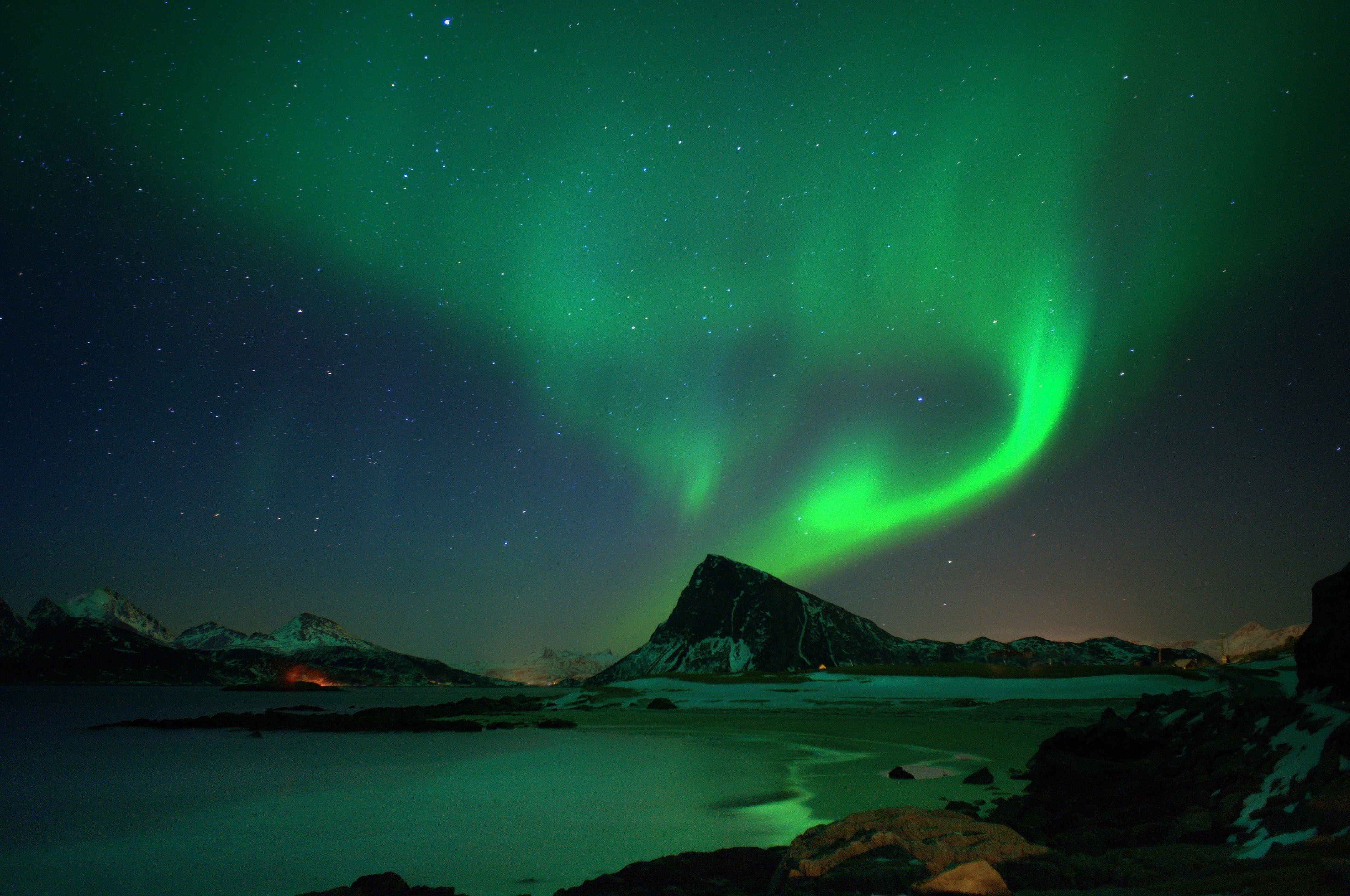 aurora polaris, tranquility, galaxy, night, milky way, tranquil scene, star - space, natural phenomenon, 4K, landscape, nature, snowcapped mountain, mountain range, HD Wallpaper