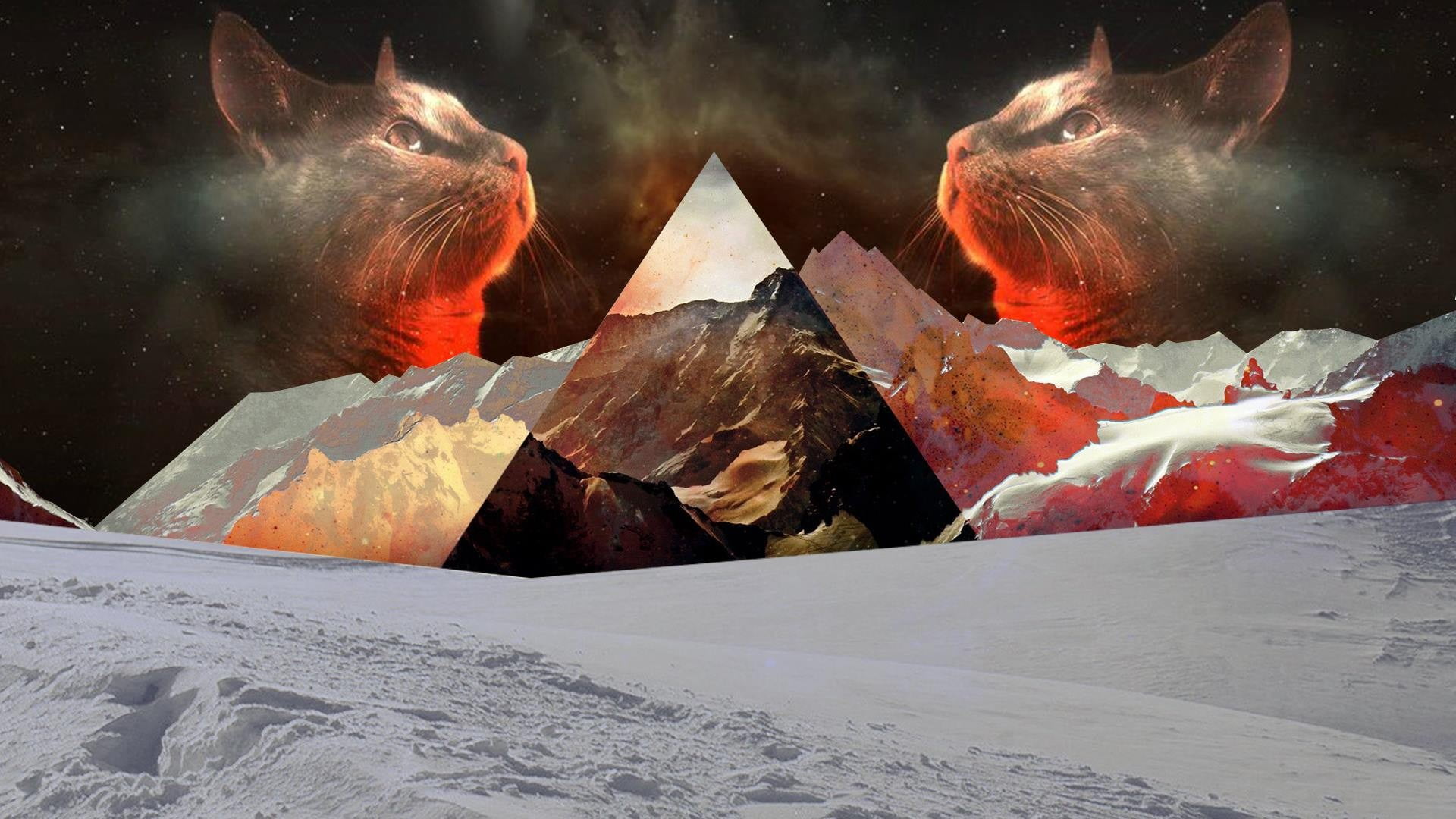 frozen, polyscape, winter, two, illustration, landscape, scenics - nature, mountains, cats, travel destinations, night, outdoors, sky, mountain, snow, animal, HD Wallpaper