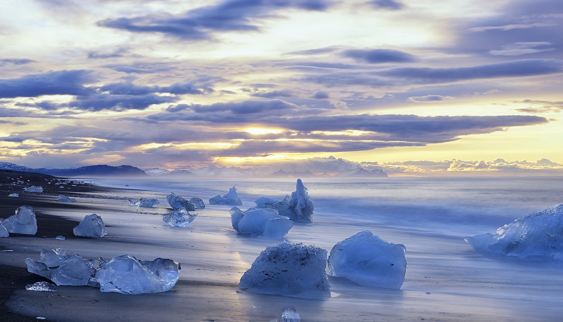 sunset, iceberg - ice formation, 1080P, cold temperature, lagoon, no people, coast, tranquility, winter, frozen, scenics - nature, nature, ice, outdoors, HD Wallpaper