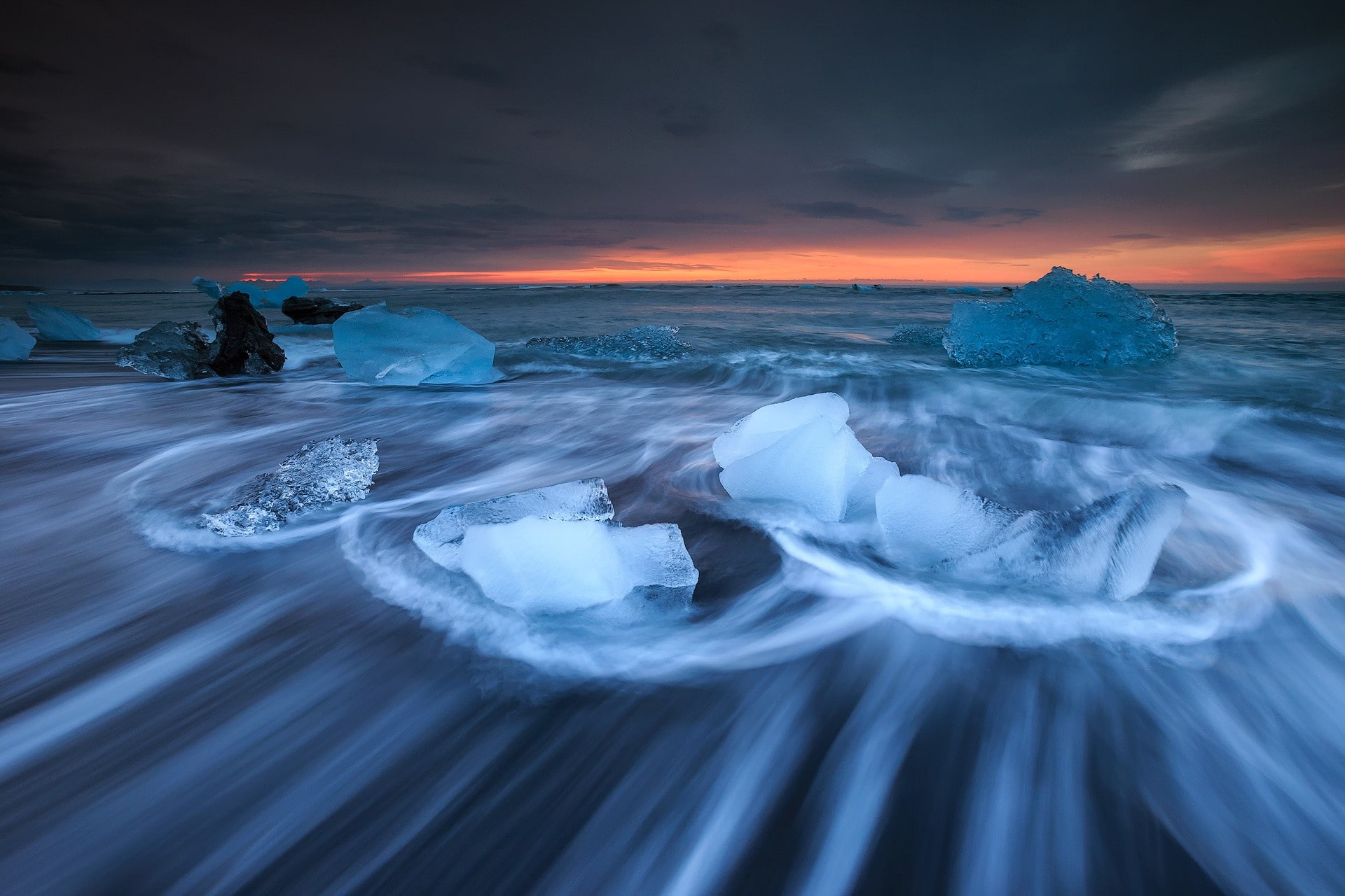 aquatic sport, sea, no people, motion, frozen, glacier, cold temperature, sky, 1080P, sunset, horizon over water, long exposure, sport, power in nature, HD Wallpaper