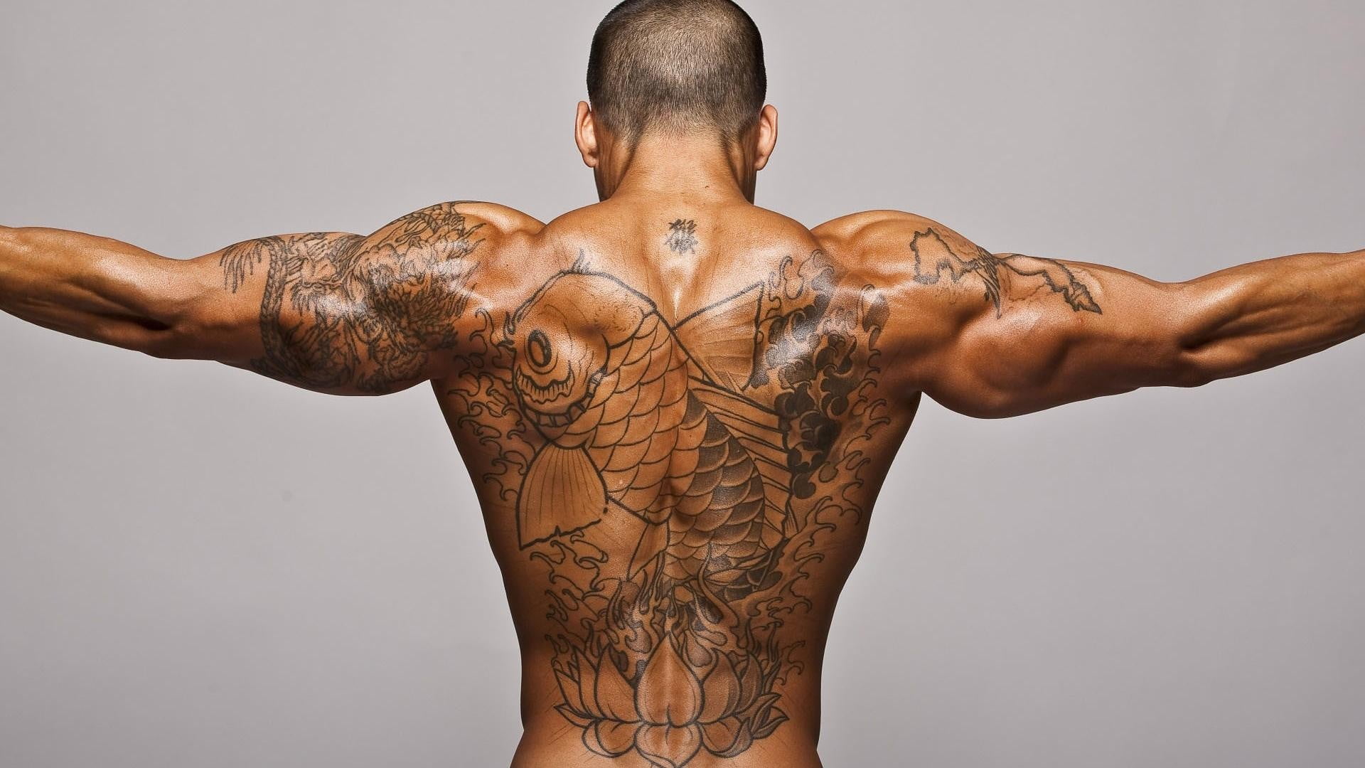waist up, muscular build, adult, back, black, men, body part, koi, weight training, studio shot, one person, muscles, 1080P, human body part, lifestyles, HD Wallpaper