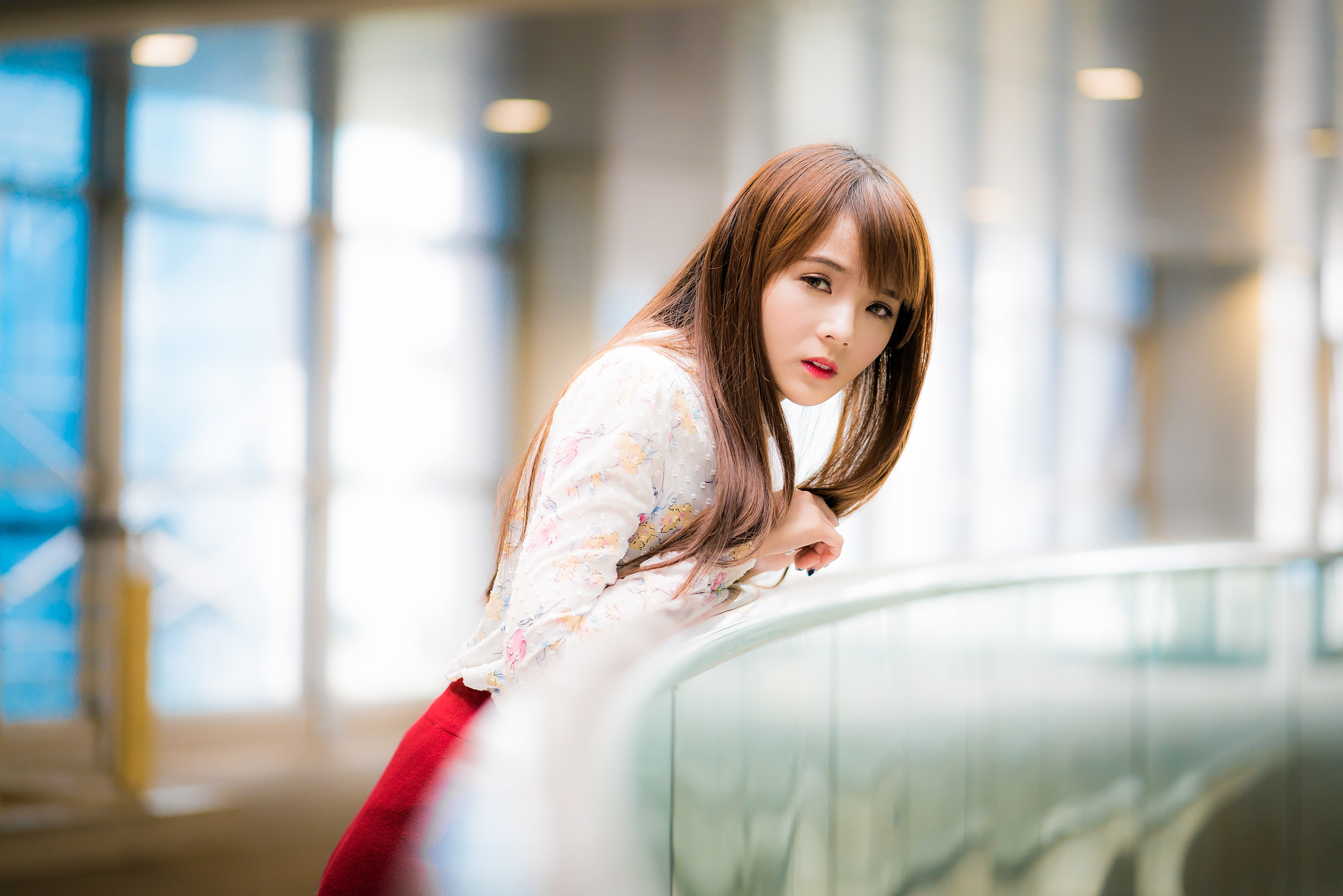 women, red skirt, Asian, brunette, 4K, blouse, leaning, HD Wallpaper