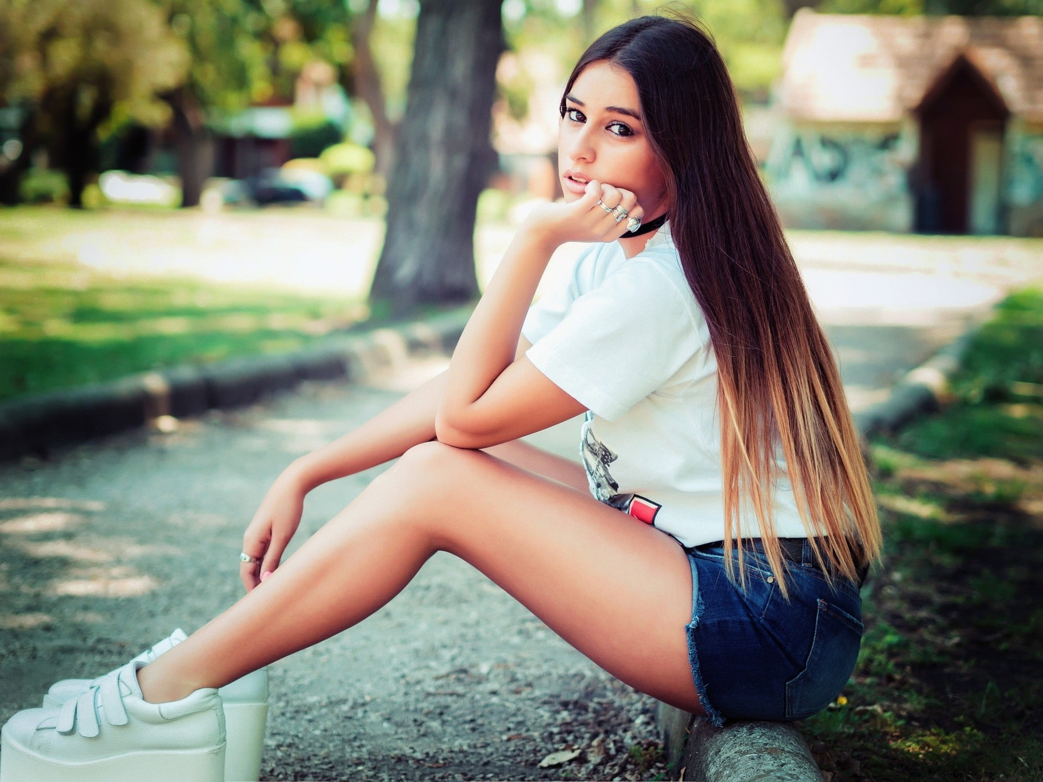 outdoors, hair, young adult, jean shorts, focus on foreground, hairstyle, casual clothing, young women, leisure activity, day, woman, depth of field, long hair, HD Wallpaper