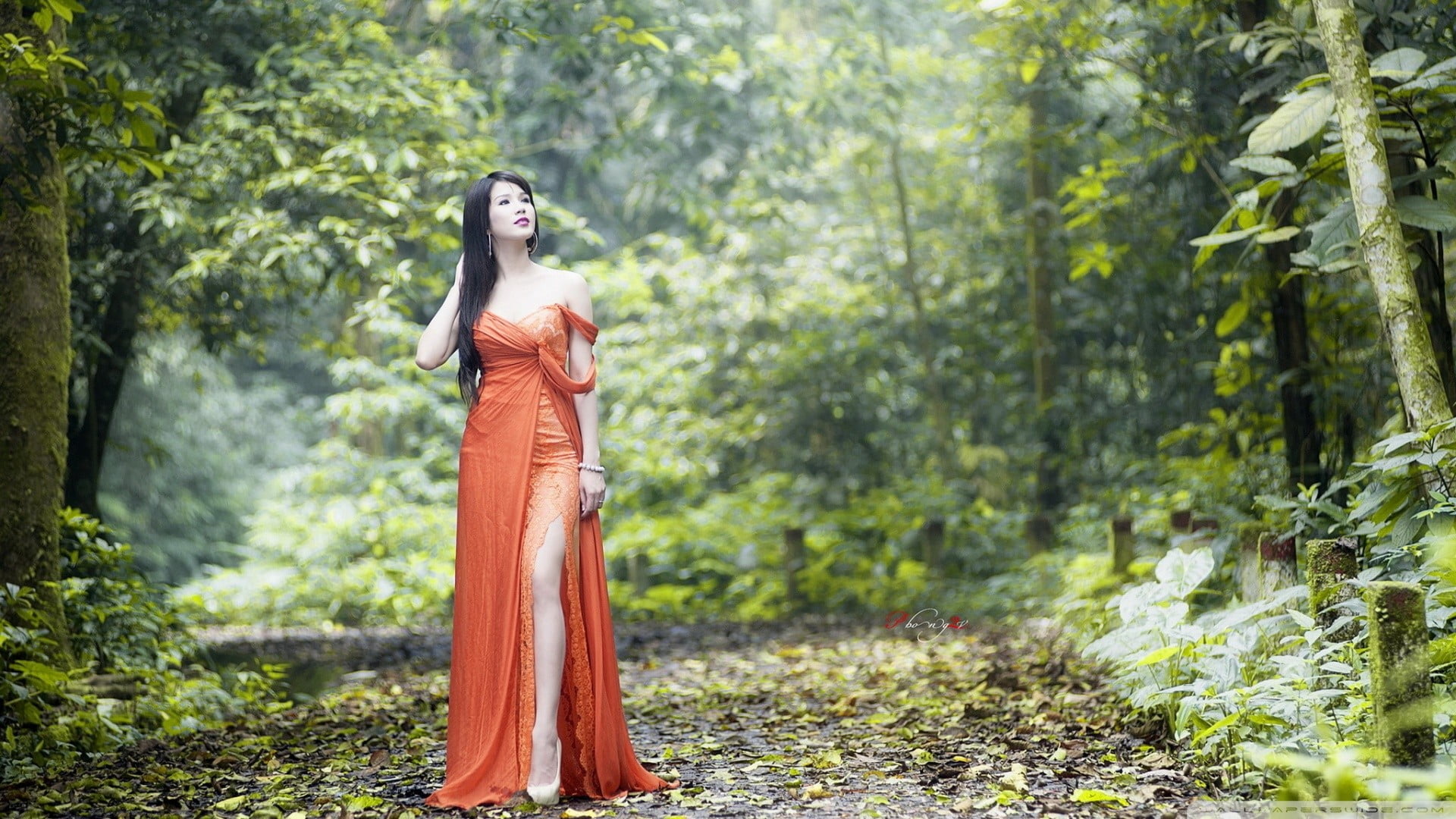 land, beautiful woman, clothing, outdoors, young women, fashion, Asian, tree, hairstyle, adult, orange, plant, beauty, woodland, s, young adult, dress, HD Wallpaper