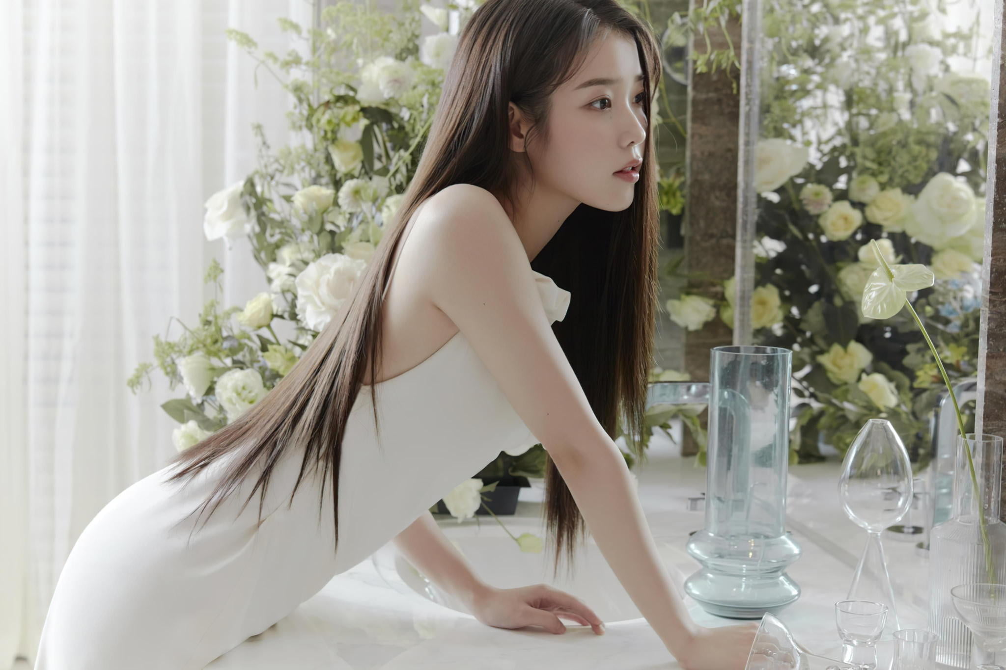 white dress, vases, singer, flowers, leaning, mirror, brunette, sink, IU, Asian, 1080P, long hair, curtain, Korean women, HD Wallpaper