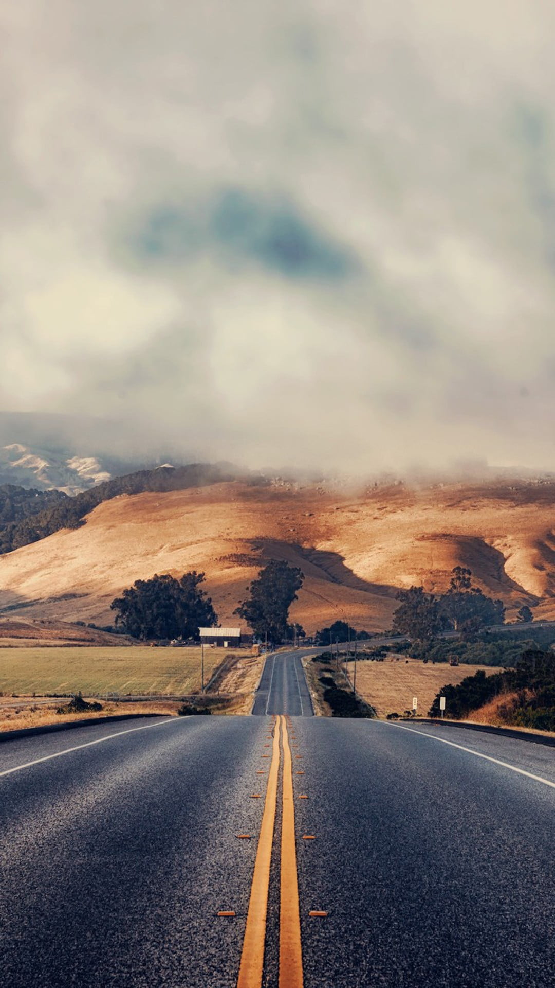 hills, sky, outdoors, beauty in nature, no people, diminishing perspective, transportation, asphalt, road marking, tranquil scene, dividing line, symbol, Phone HD Wallpaper