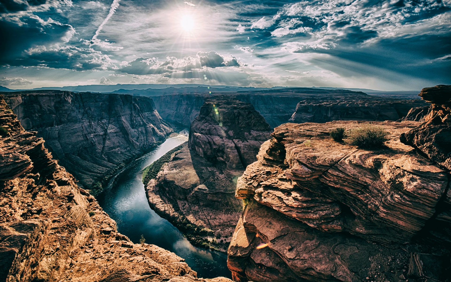 River, Cliffs, USA, Clouds, 1080P, Horseshoe, Arizona, Sun, Bend, HD Wallpaper