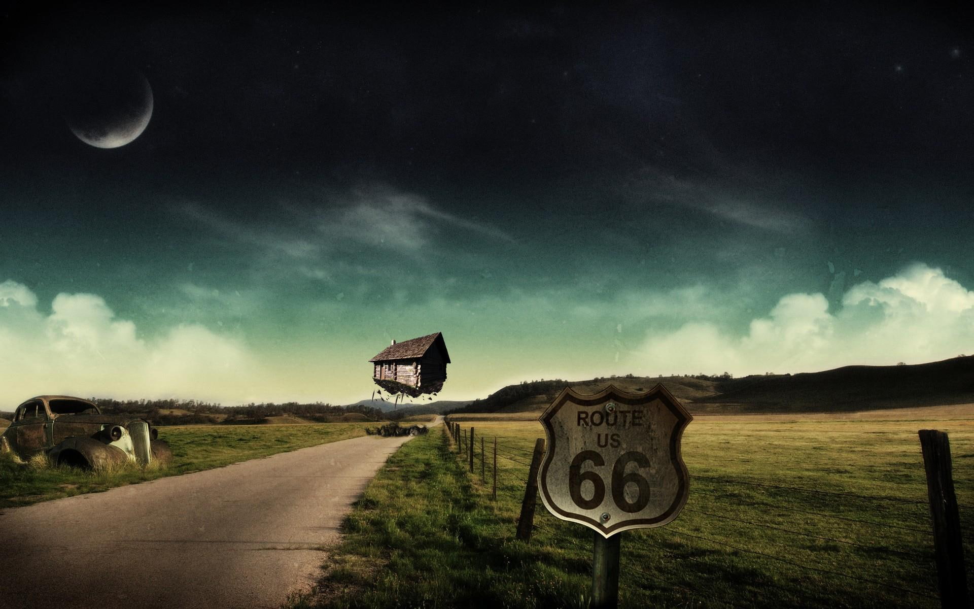 route, float, 3d and abstract, route 66, floating house, floating, 1080P, house, HD Wallpaper