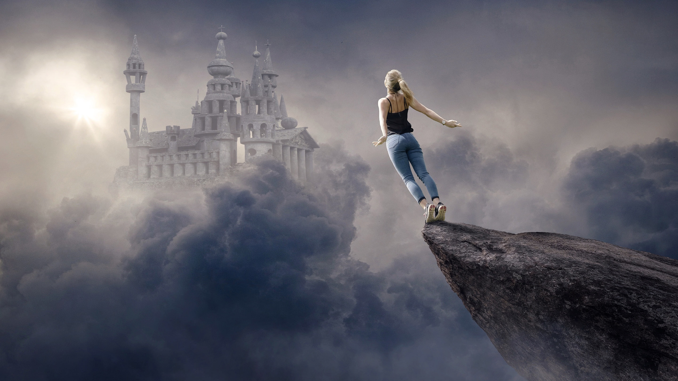 jump off a cliff, flight, Ghost, art, pose, suicide, modern, blonde, breathtaking, jeans, rock, fantasy, castle, stone, Palace, the sky, heavenly, clouds, HD Wallpaper