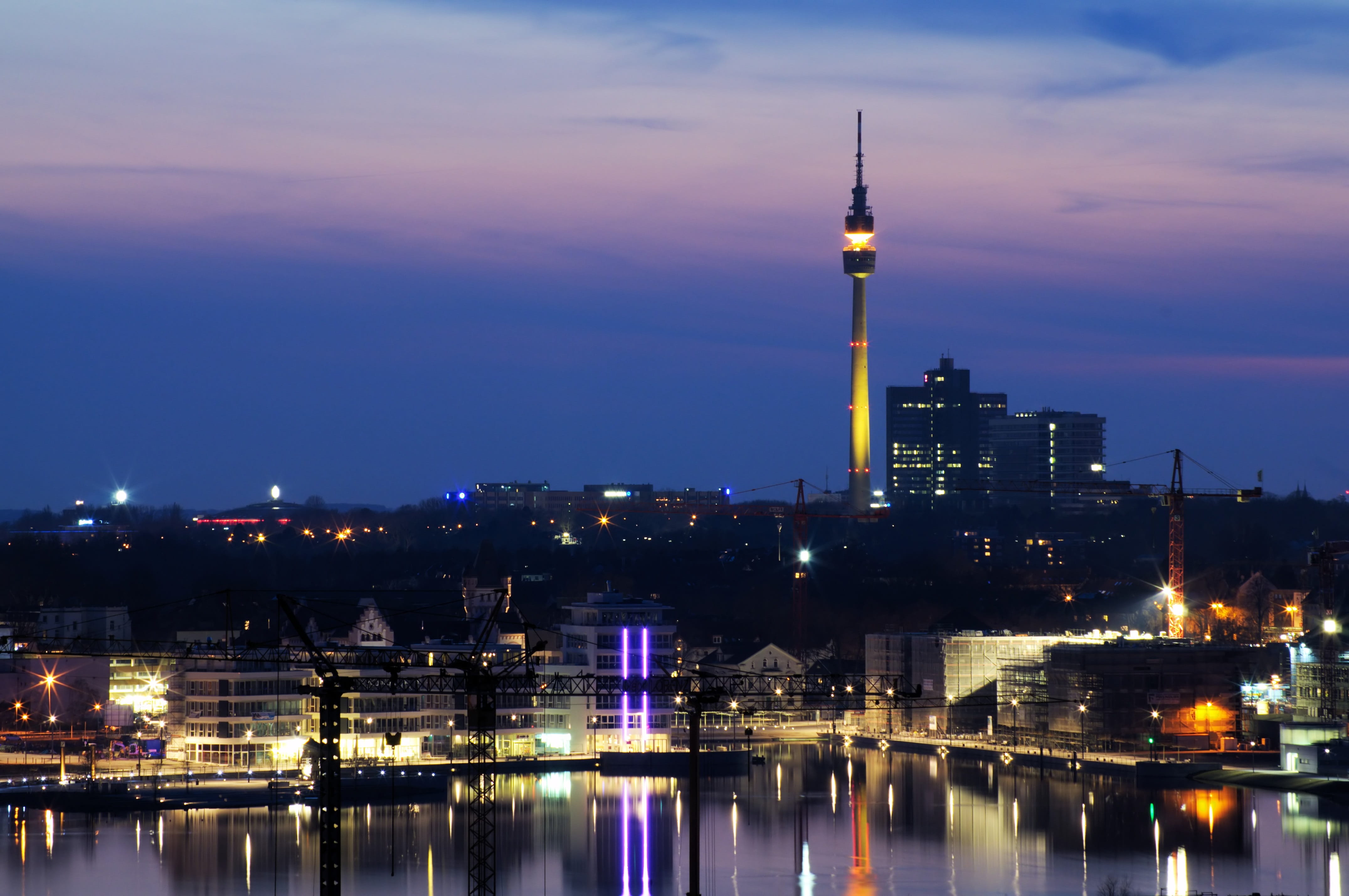 building exterior, Night, phoenix lake, office building exterior, City, tower, reflection, cityscape, water, cloud - sky, spire, sky, Photograph, Lights, HD Wallpaper