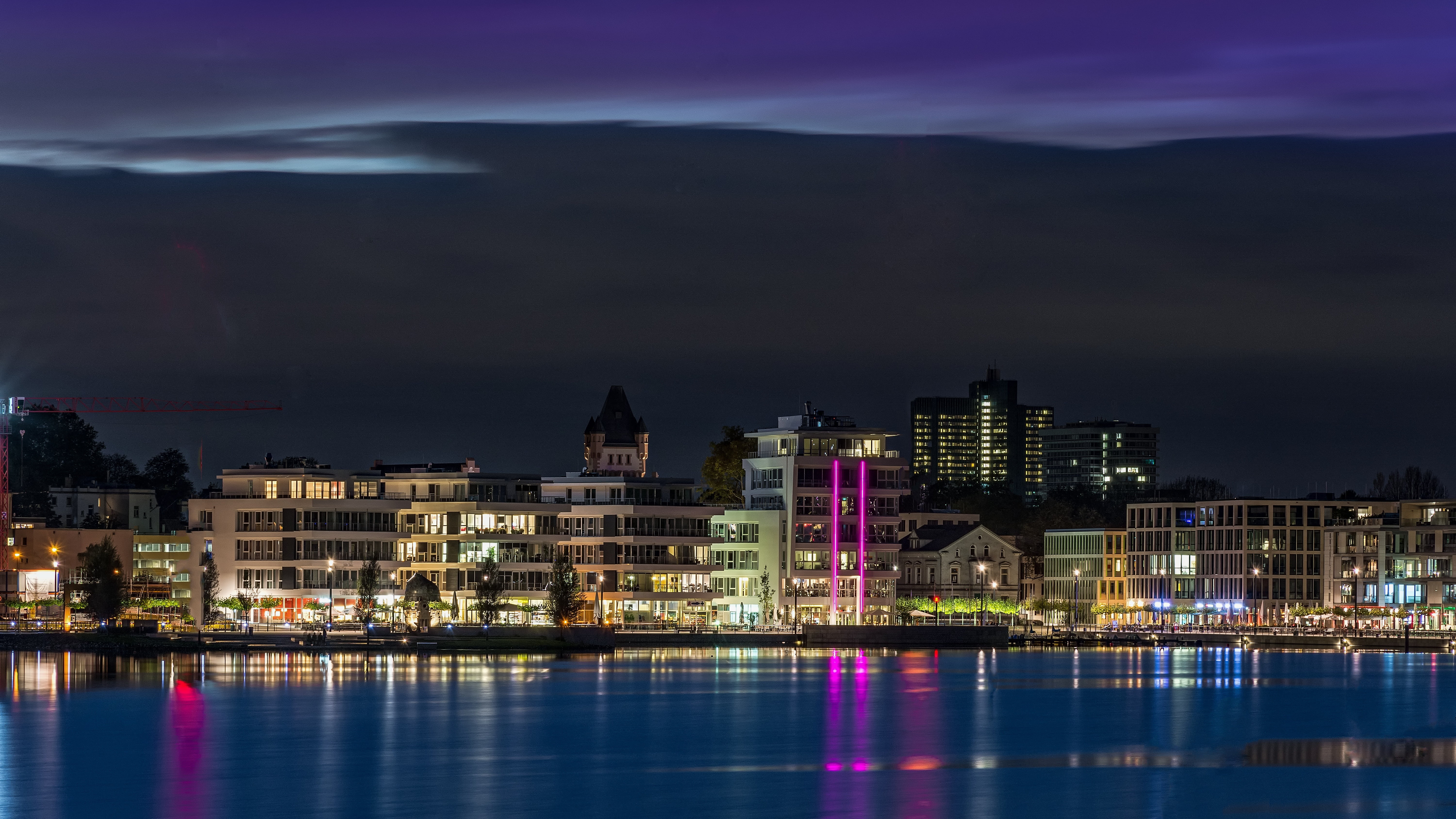 light, no people, modern, dortmund, illuminated, rise, reflection, building exterior, river, abendstimmung, skyscraper, lake, building, night photograph, HD Wallpaper