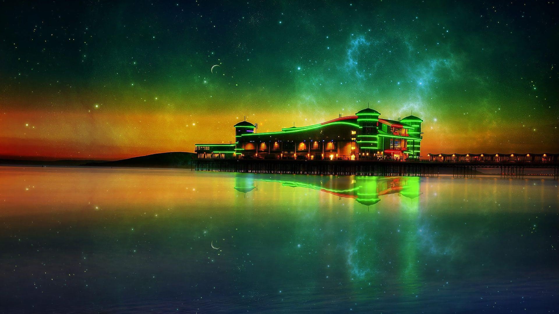 clouds, water, tranquility, panorama, space, astronomy, scenic, skyline, sunny, sun, bay, illuminated, no people, tourism, river, architecture, waterfront, HD Wallpaper
