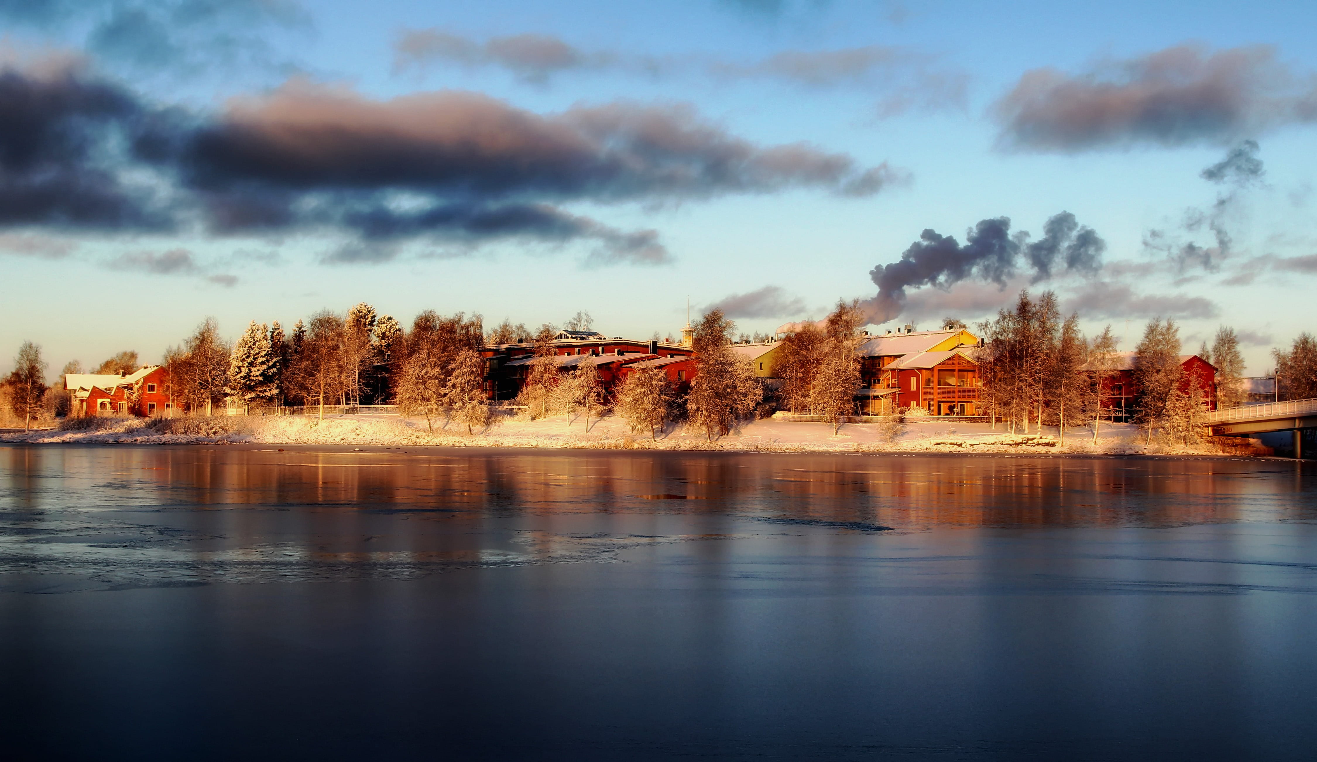 plant, landscape, tree, cityscape, panorama, reflection, scenics - nature, day, Pikisaari, frozen, sky, Snow, 4K, outdoors, lake, panoramic, Winter, bay, HD Wallpaper