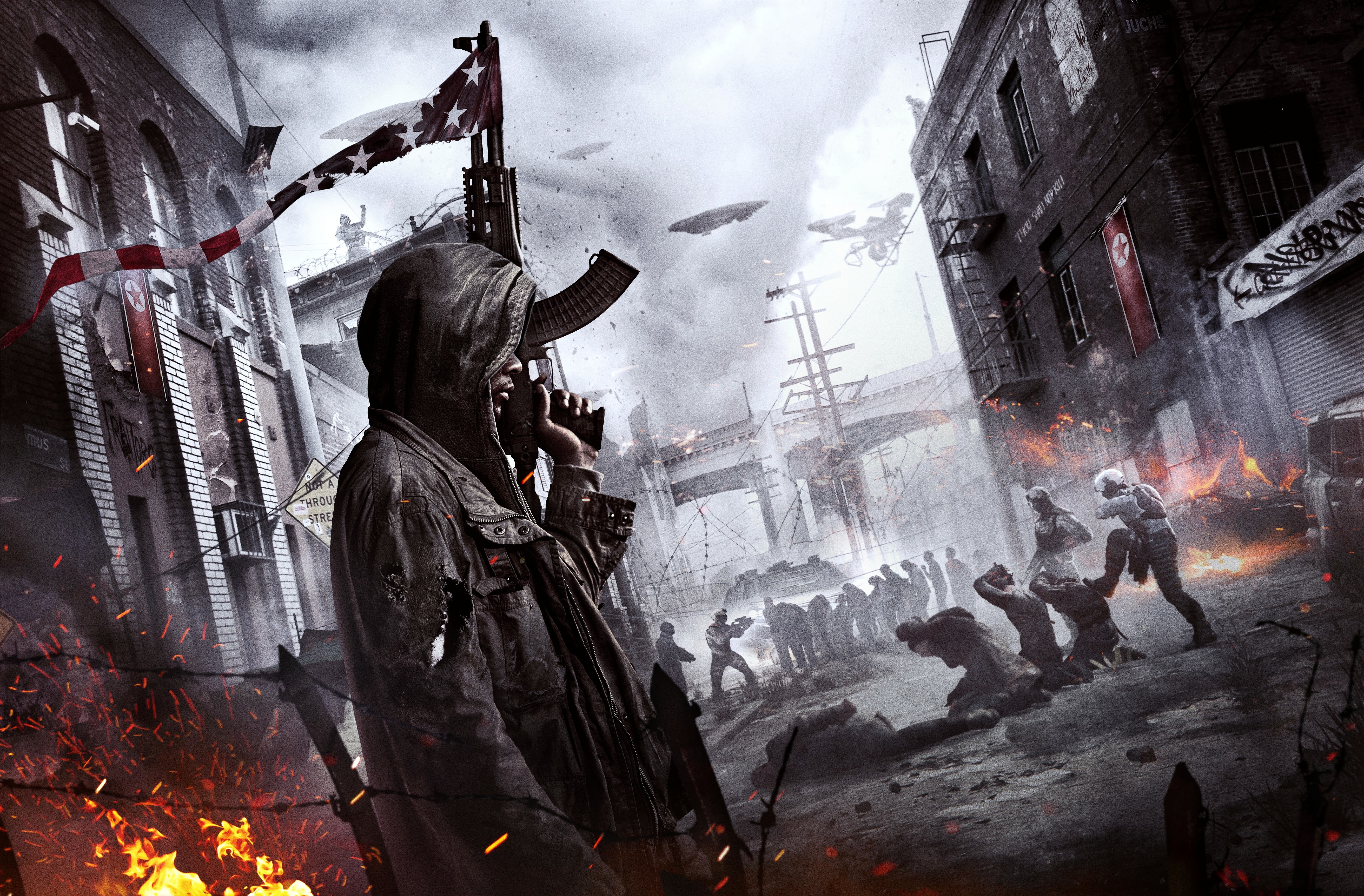 The situation, Apocalypse, People, The city, Deep Silver, Flame, Survivors, Homefront: The Revolution, Flags, Crytek, Light, Smoke, Dambuster Studios, Building, HD Wallpaper