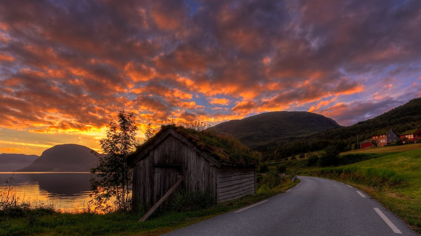 sunset, water, sky, house, beside, mountains, direction, architecture, scenics - nature, road, nature, plant, tree, lake, tranquility, cloud - sky, no people, HD Wallpaper